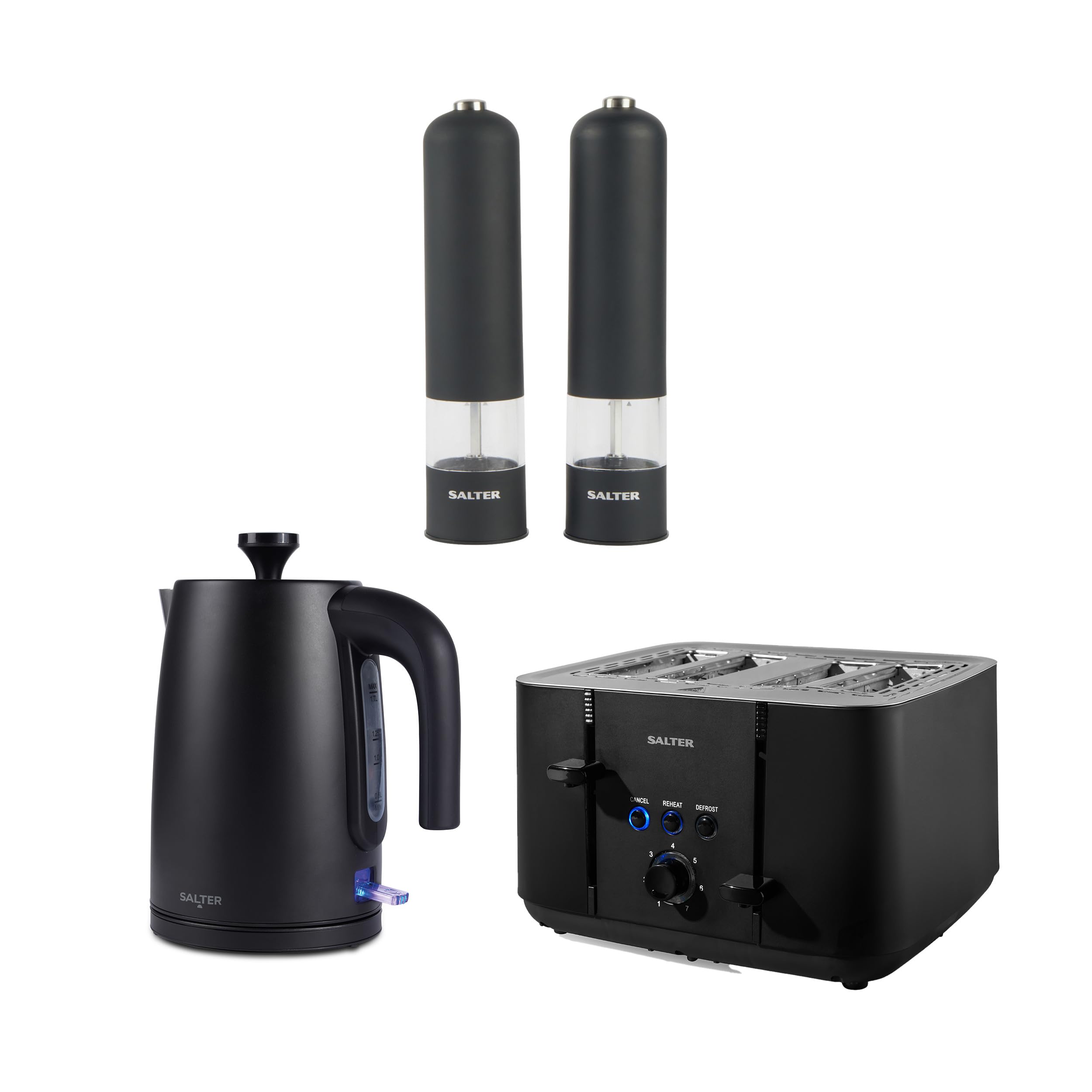 Salter Kuro Kettle, Toaster & Mill Set – Electronic Salt & Pepper Mills, Push to Grind, Ceramic Mechanism, Adjustable Grind, 1.7 Litre 3kW Fast Boil Kettle, 4-Slice Toaster with 7 Browning Levels