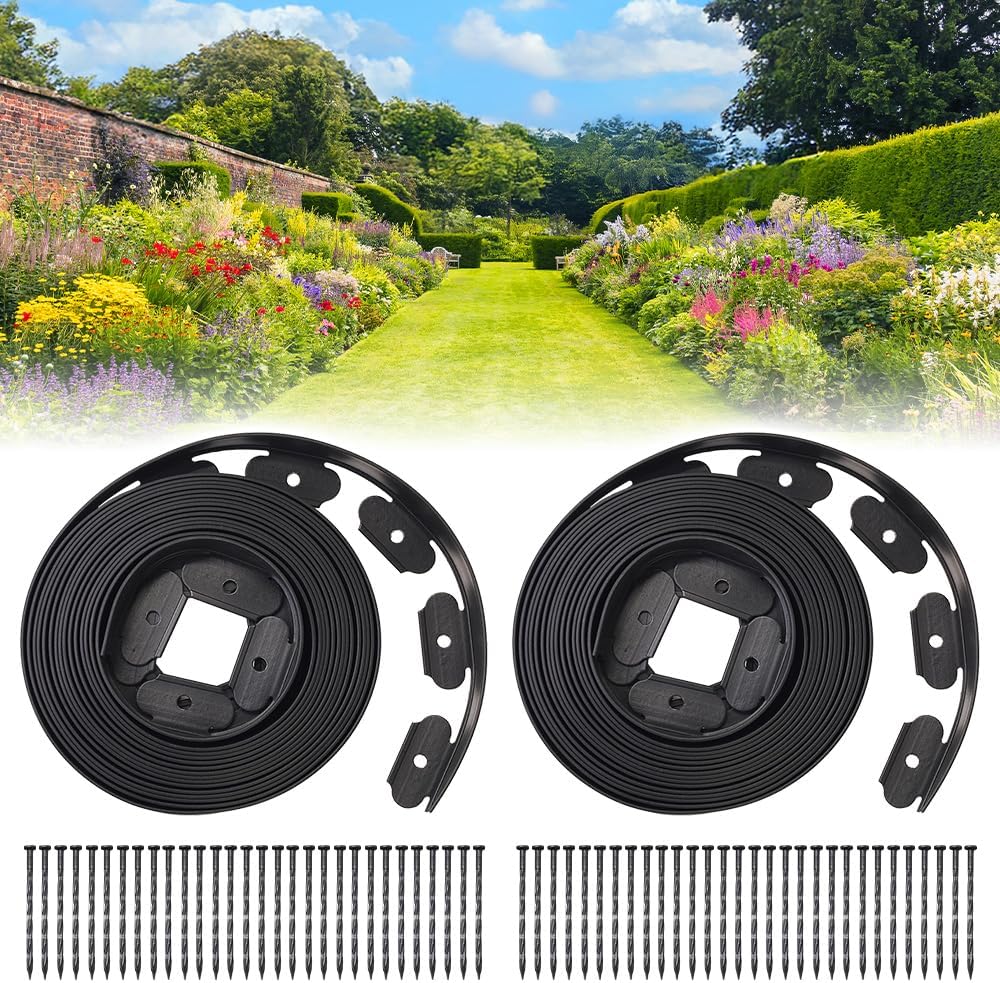 Japard Lawn Garden Edge, Edging Border 2 inch x 65.4 ft Kit with 60 Spikes, Flexible for Landscaping Raised Flower Beds Stone Yard Pathway Black