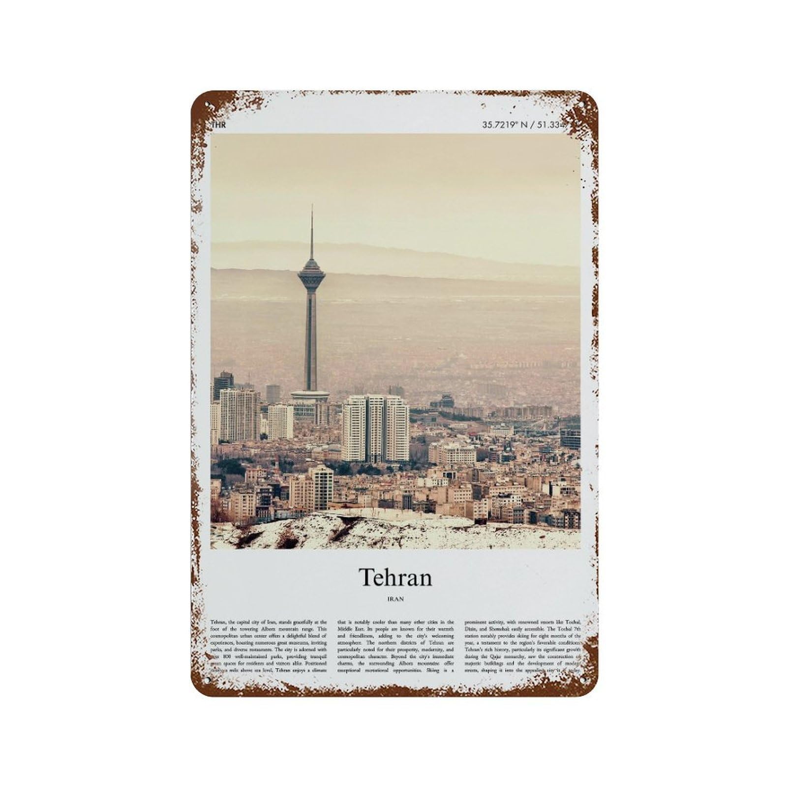 xiaoxiaoshen Tehran Iran City Scenery Wall Decor Art Metal Tin Poster Modern Home Decor Art Home Bar Shop Decorations Vintage Sign 30x20cm