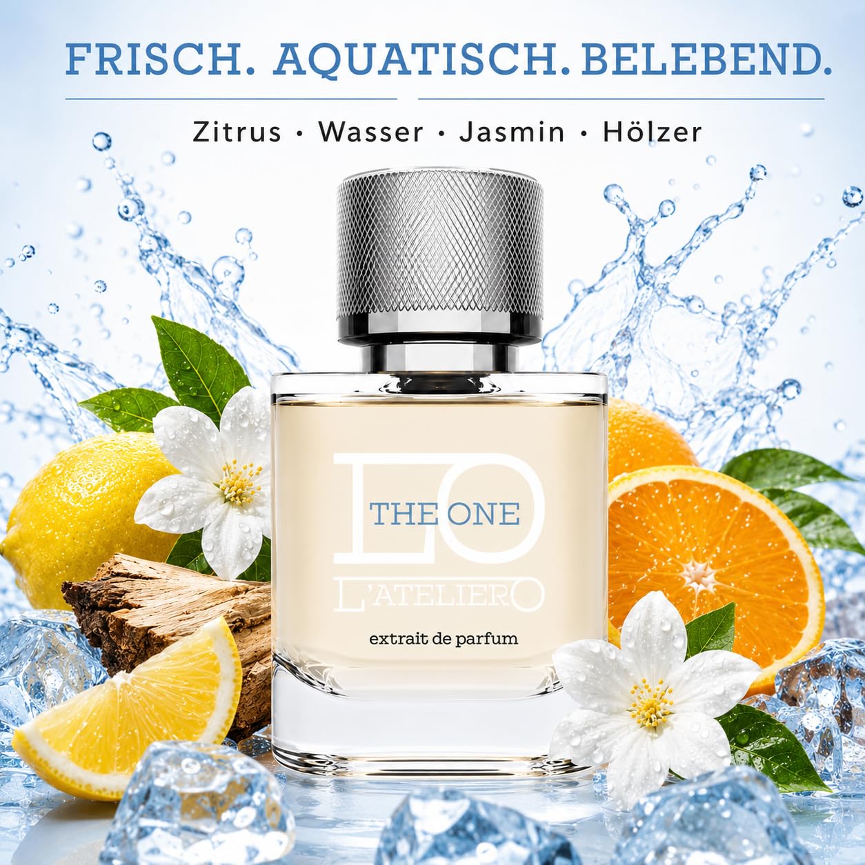 L'ATELIERO - THE ONE - Sommerduft für Herren Extrait de Parfum 50 ml | Frisches Sommerparfum mit 25% Duftöl, aquatisch zitrischer Duft, clean, intensiv und langanhaltend