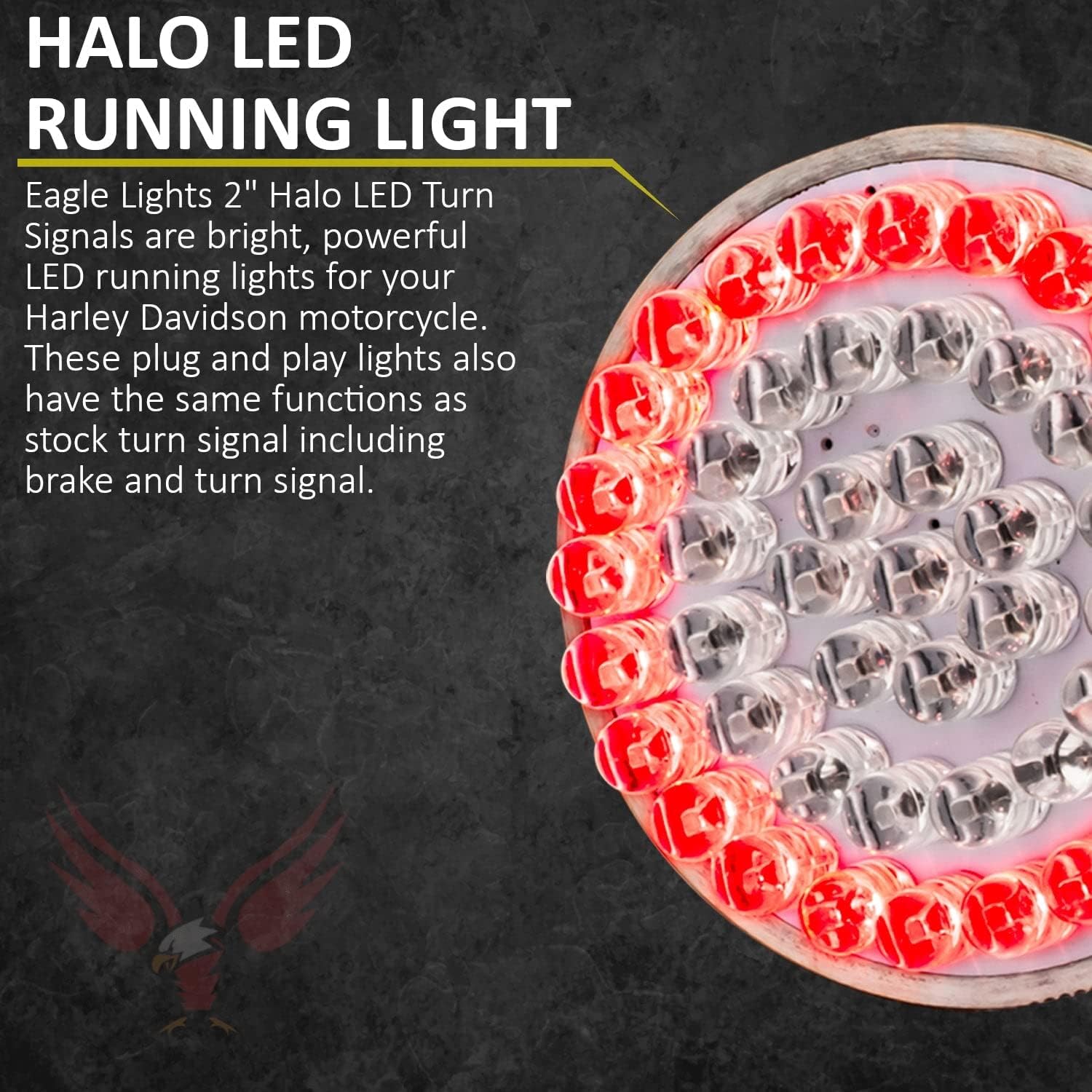 Eagle Lights 8748RTS 2 Inch Rear LED Turn Signals with Halo Running Lights and Brake Lights Compatible With Harley Davison® Motorcycles - Generation I / 1157 Base/Red