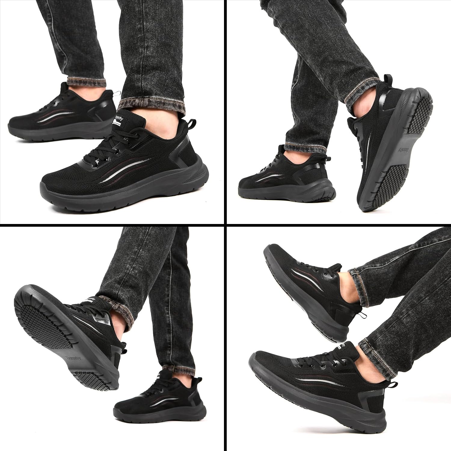 Treesky Black Non Slip Work Shoes for Men, Restaurant & Kitchen Sneakers | Slip resistant soles, lightweight cushioning, breathable knit, removable insole, for chefs, food service & long shifts