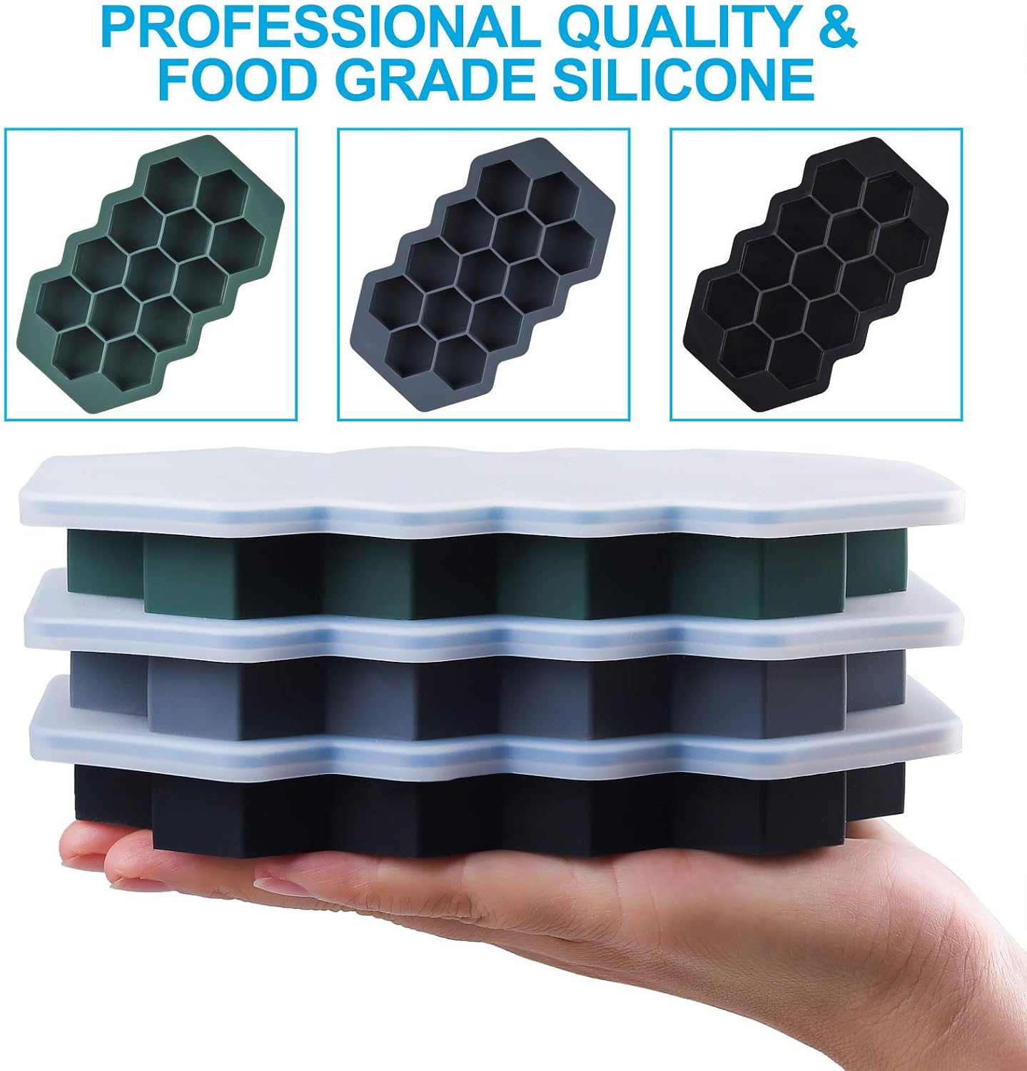 3 Pack Silicone Ice Cube Trays, ONLYWEE Ice Cube Molds with Sealed Lids, Flexible Hexagonal 39-Ice Trays, Easy-Release, Reusable, BPA Free, for Chilled Drinks, Whiskey, Cocktail, Food.