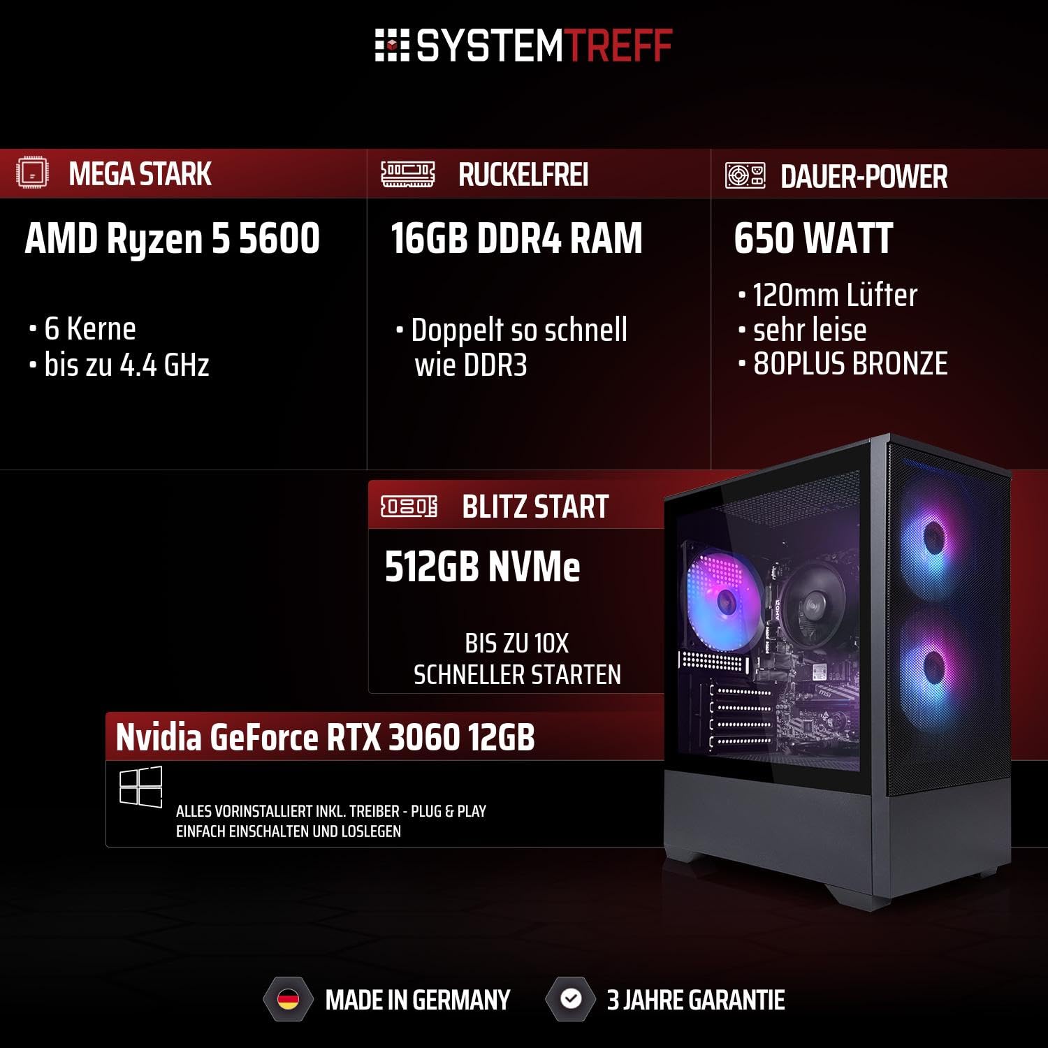 SYSTEMTREFF Basic Gaming PC - AMD Ryzen 5 5600 - RTX 3060 12GB | AMD 6-Kern CPU bis 4.4 GHz, 16GB DDR4, 512GB M.2 NVMe SSD, Nvidia Grafik WLAN, Windows 11, für Gaming, Streaming