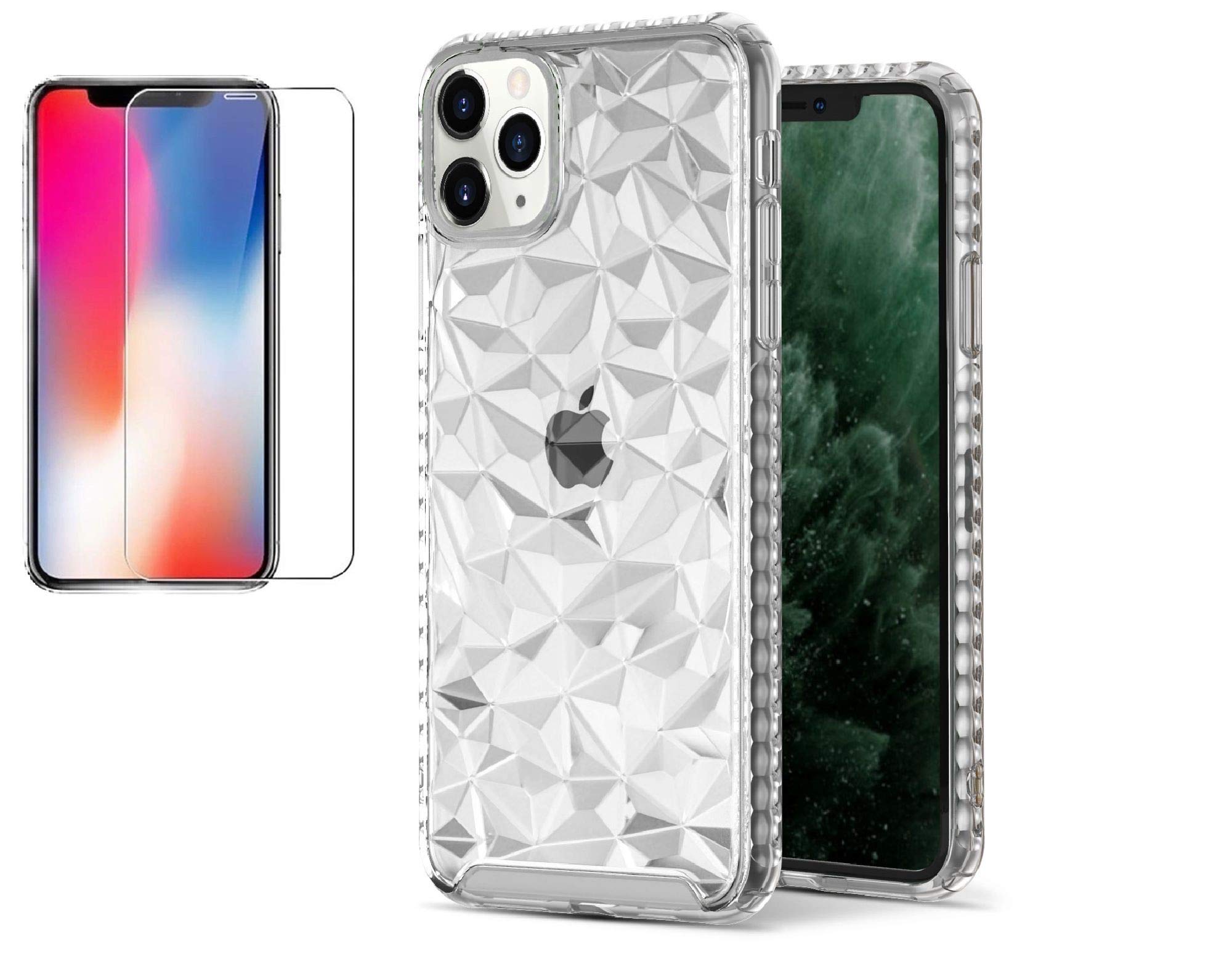 Luxx Clear iPhone 11 Pro Max (6.5") Case 3D Diamond Geometric Design PC + TPU Bumper Case with 9H Tempered Glass Screen Protector (Clear)