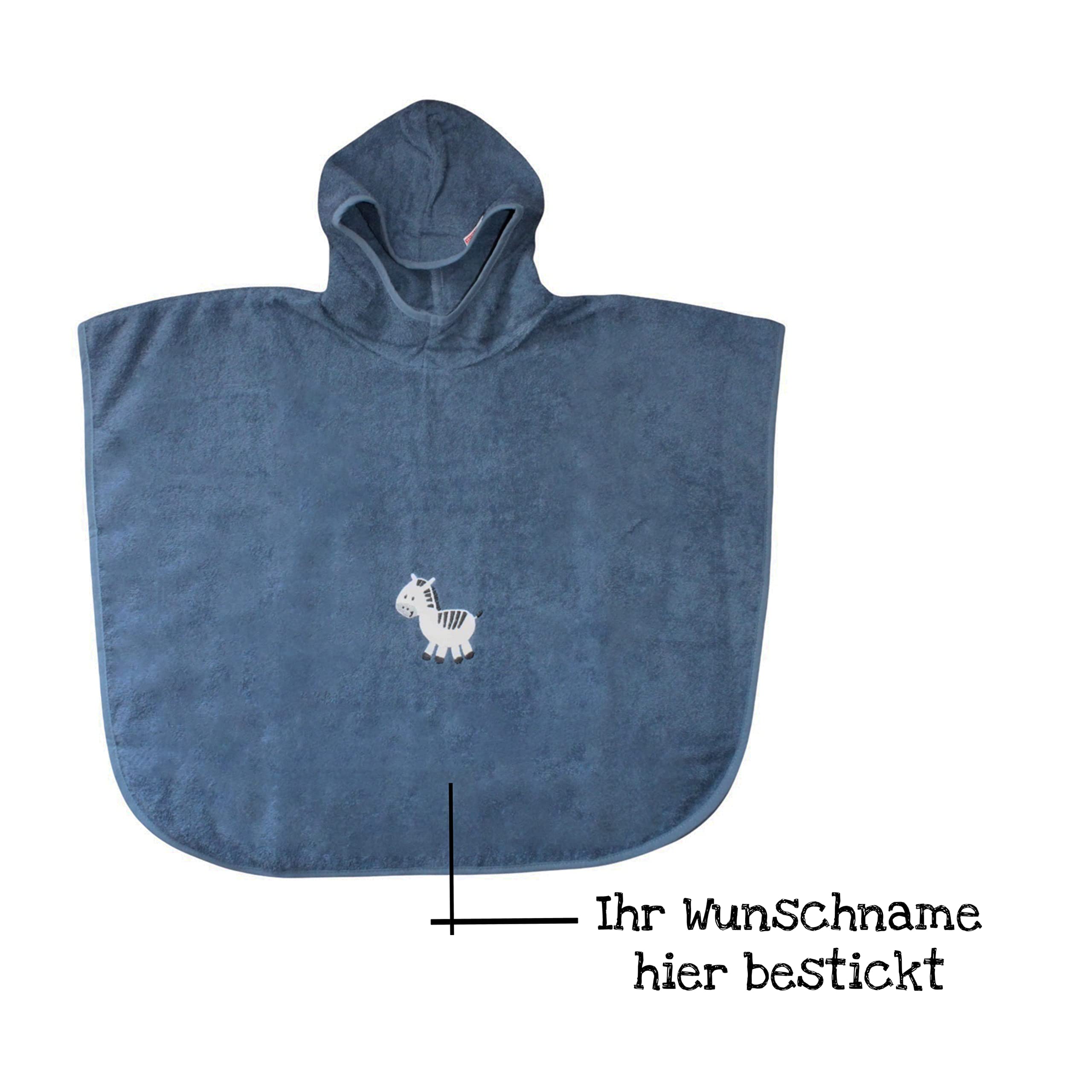 Kinder Poncho + Waschlappen mit Name Bestickt mit Name | Badeponcho | personalisiert | Kapuzenbadetuch Bademantel Kinder | Badetuch mit Kapuze | bis 7 Jahre (dunkelblaues Zebra)