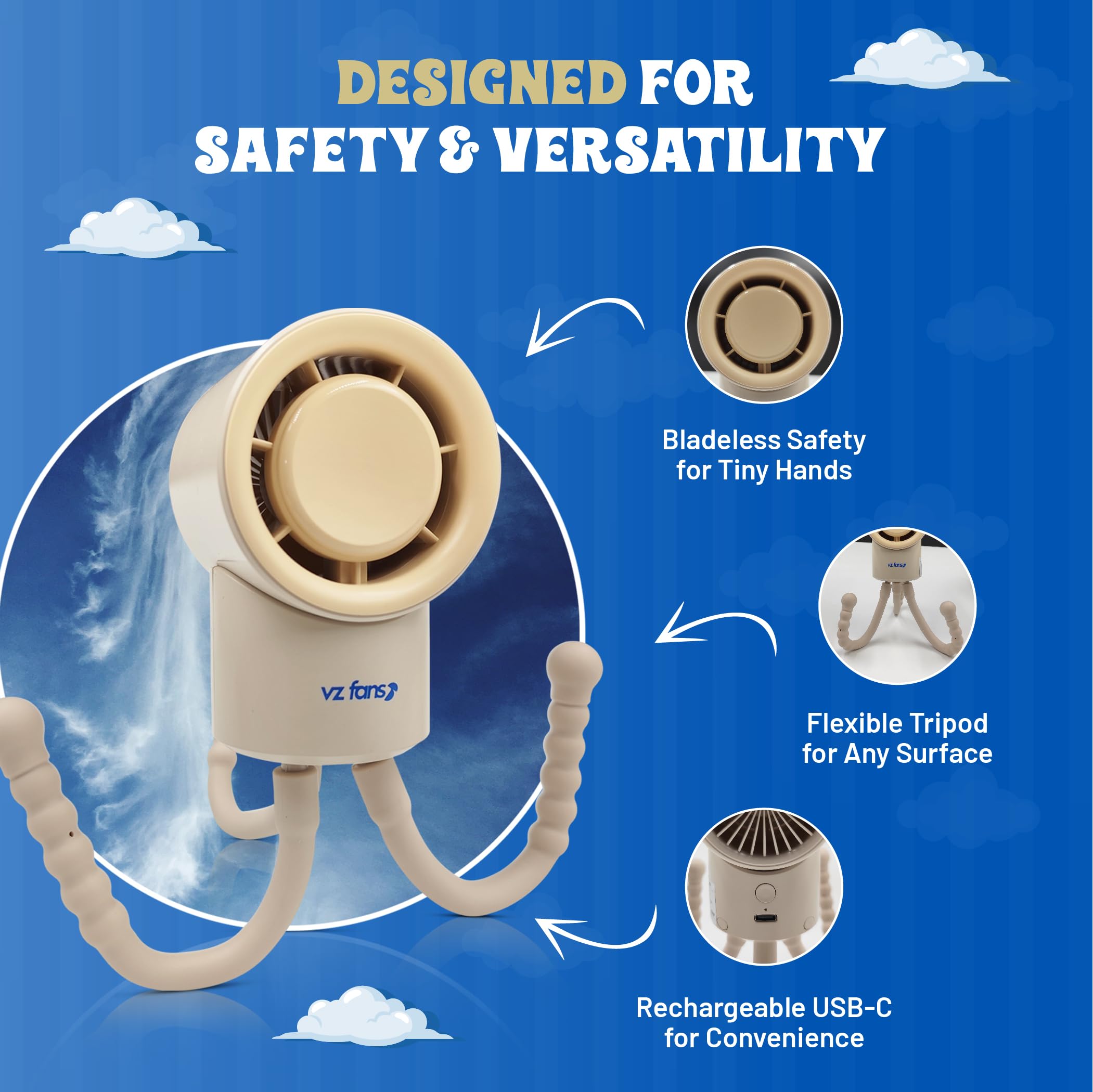 VZ Fans Baby Safe Portable Fan, Battery Operated Fan, Stroller Fan, Handheld Fan, Rechargeable USB-C, 3 Speeds, Mini Baby Fan – Personal Fan for Baby Travel Accessories. Flexible Tripod Cooling Fan