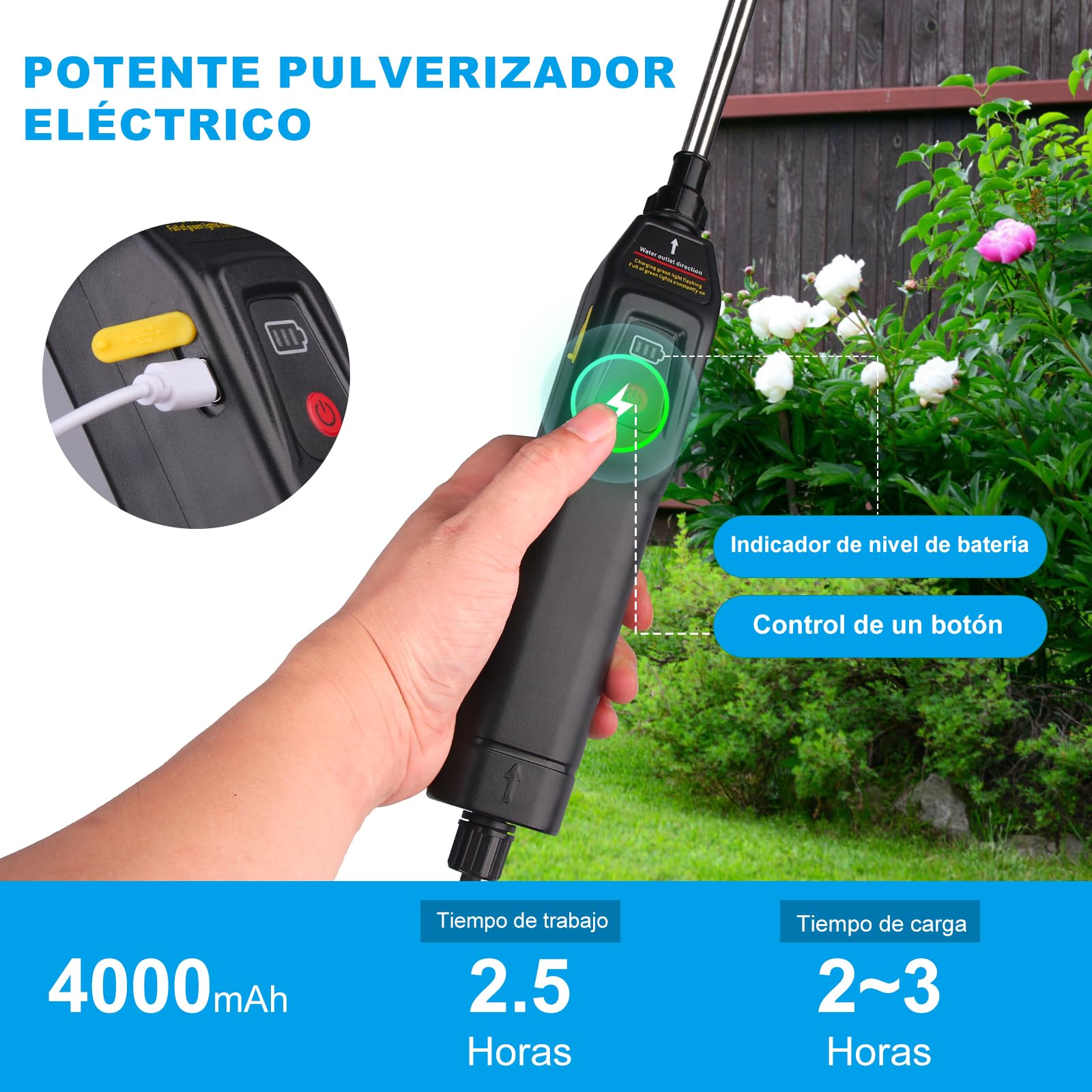 Pulverizador Eléctrico 9L, Jardin Pulverizador con 3 boquillas, Varilla Retráctil, Pulverizadors Plantas Recargable por USB con Correa para el Hombro