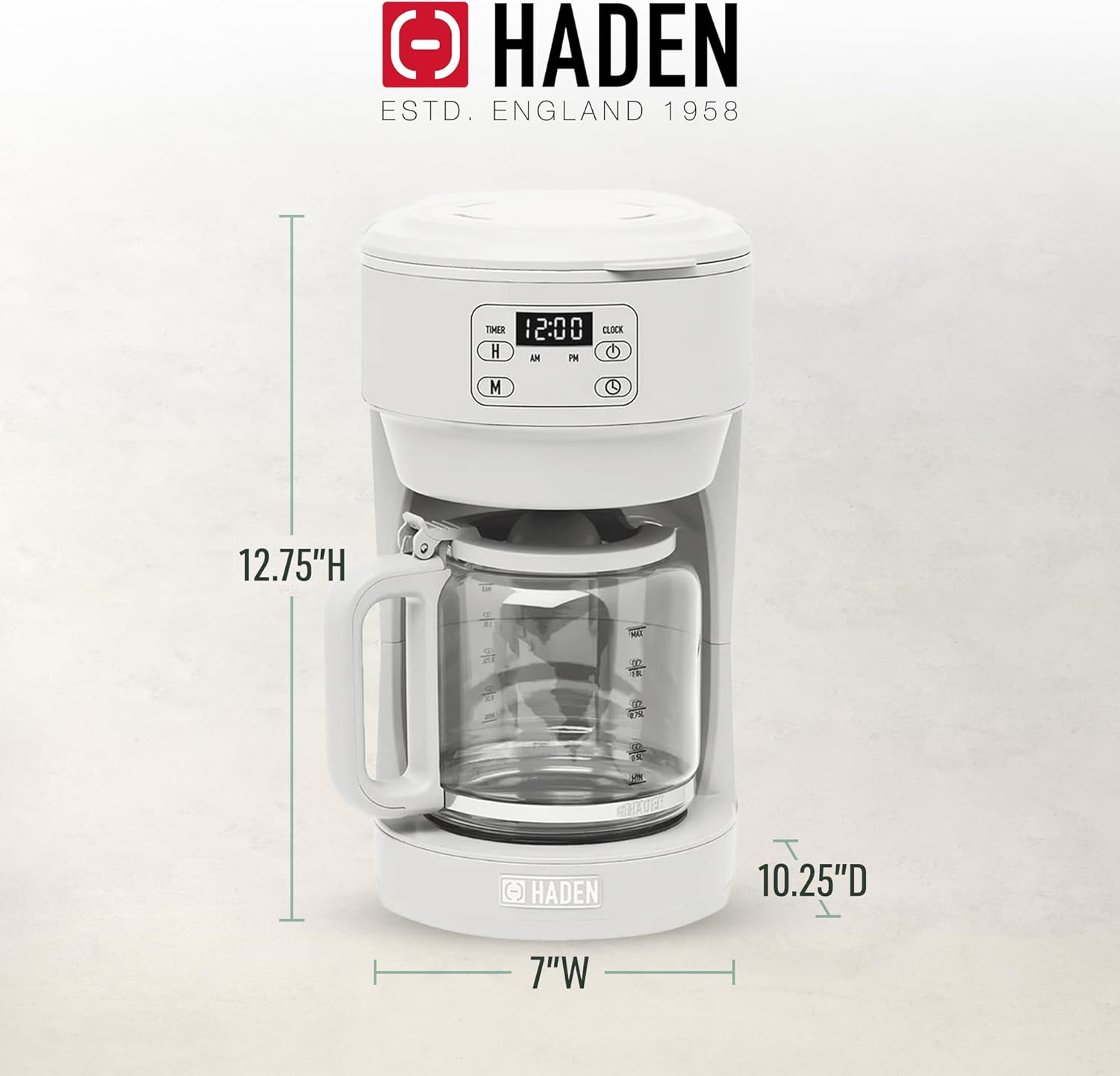 Haden Chelsea 10 Cup Digital Drip Coffee Maker with Glass Carafe, Ivory & Chrome