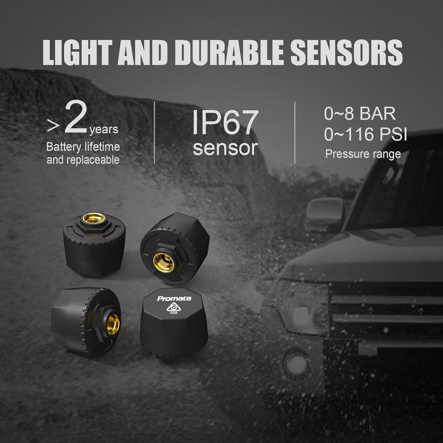 Promata Tire Pressure Monitoring System(0-116PSI) with 4 Sensors & 6 Alarm Modes, Real-time Monitor Car Battery Voltage, Colorful TPMS Display for Travel RV Truck Motorhome Camper