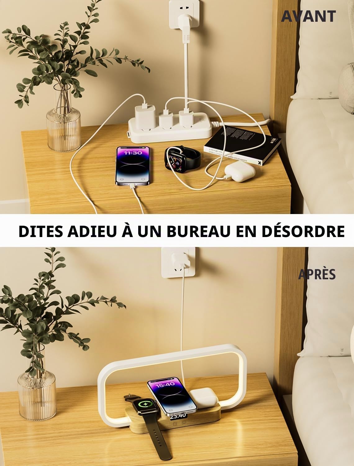 Lampe de Chevet Chargeur sans Fil, Lampe de Table Dimmable 5 Couleurs à Commande Tactile, Lampe Bureau avec Horloge et Port USB, pour Lecture Chambre Bureau, Blanc