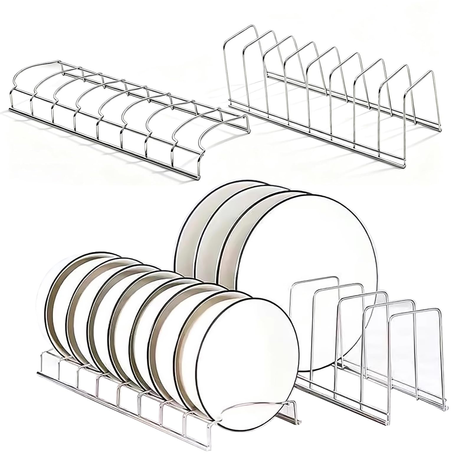 Ckuesm Silver 4 Pcs Plate Rack For Cupboard, Plate Organiser For Kitchen Stainless Steel Plate Storage For Pot Lid Bowl Plates Cutting Boards Bakeware