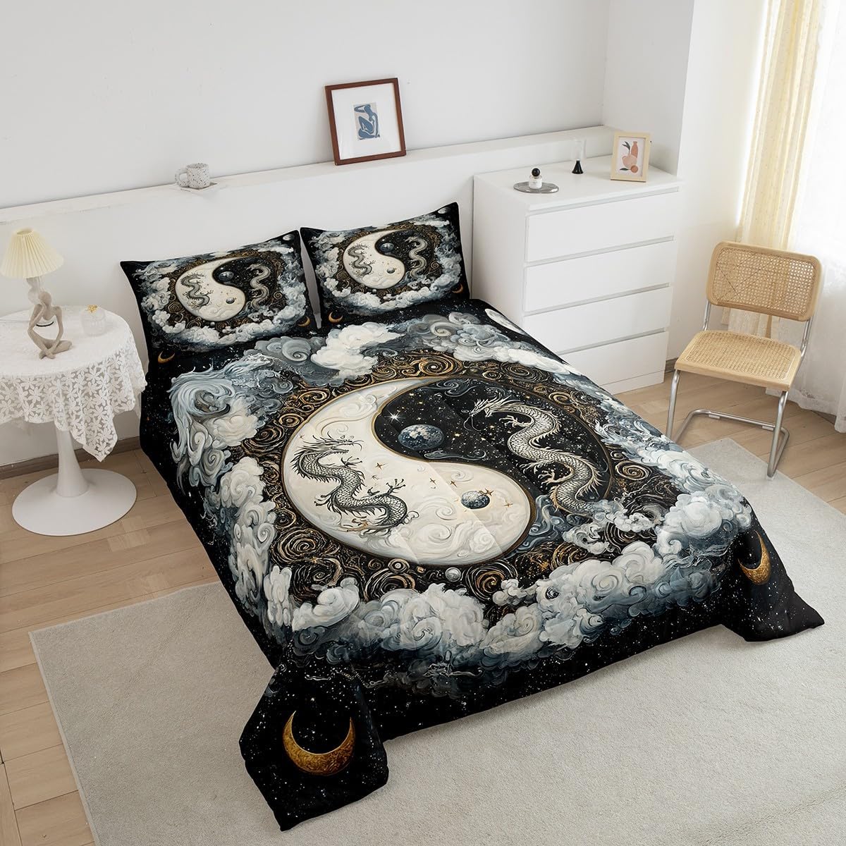 Erosebridal Tai Chi Bagua Dragon Bedding Set Queen for Adults Girls Traditional Chinese Pattern Comforter Set Asian Oriental Theme Comforter Mythical Animals Bedroom Decor Retro Cloudy Moon Quilt