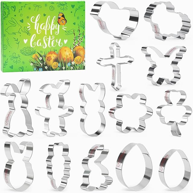 Crethink Easter Cookie Cutters Set - Butterfly, Egg, Rabbit Face, Bunny, Chick, Flower, Chick Out of The Shell, Carrot Shapes Biscuit Cutters 14 Pieces Stainless Steel
