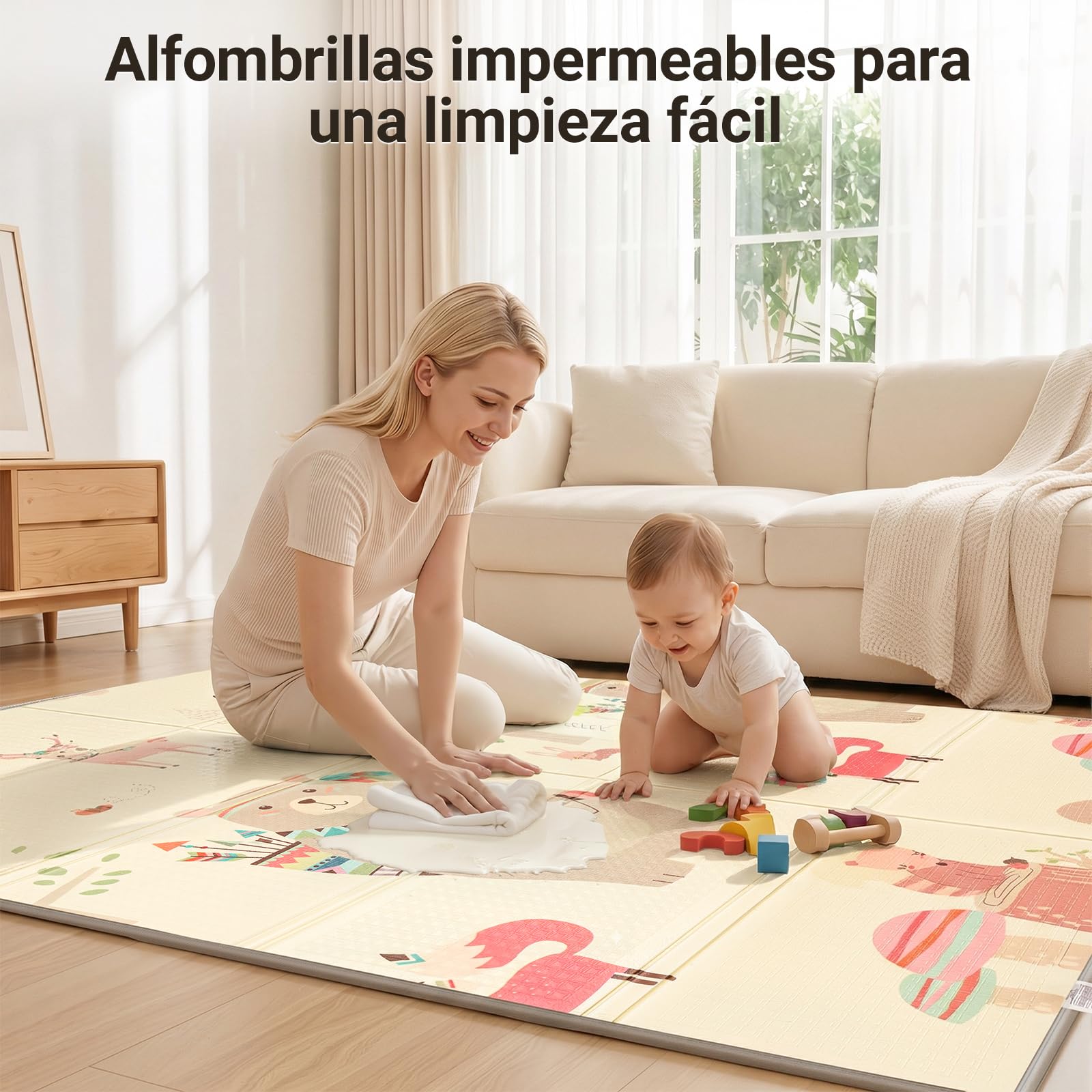 COSYLAND Alfombra Bebé Acolchada Plegable XPE Reversible, Tapete de Juegos Infantil Antideslizante e Impermeable para Suelo, Colchoneta Bebé, Oso Gordito y Ciudad de Coches, 120 x 180 x 1 cm