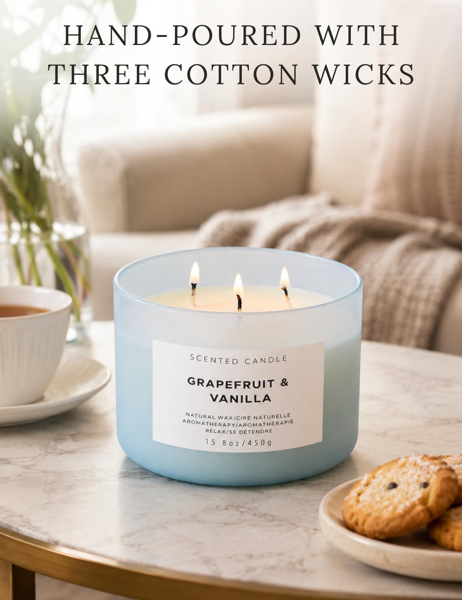 Grapefruit Vanille 3 Dochte Duftkerzen Winterdüfte – Natürliche Soja-Kerzen für Zuhause – Beruhigende Aromatherapie-Kerze Geschenk für Frauen und Männer – 450 ml große entspannende Kerze, stark