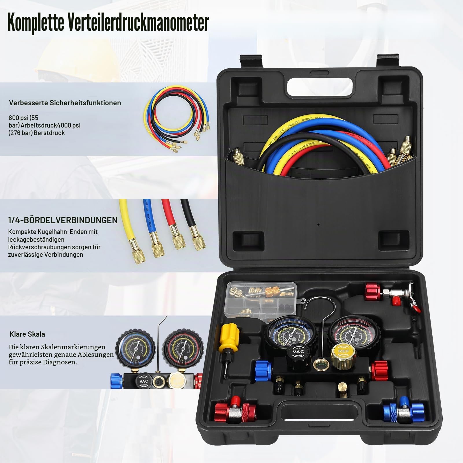Weytoll Manometer-Set 4-Wege-Doppelventil 1,5 m Schlauch Messing-Schnellkupplungen für Klimaanlagen R22 R134a R410a