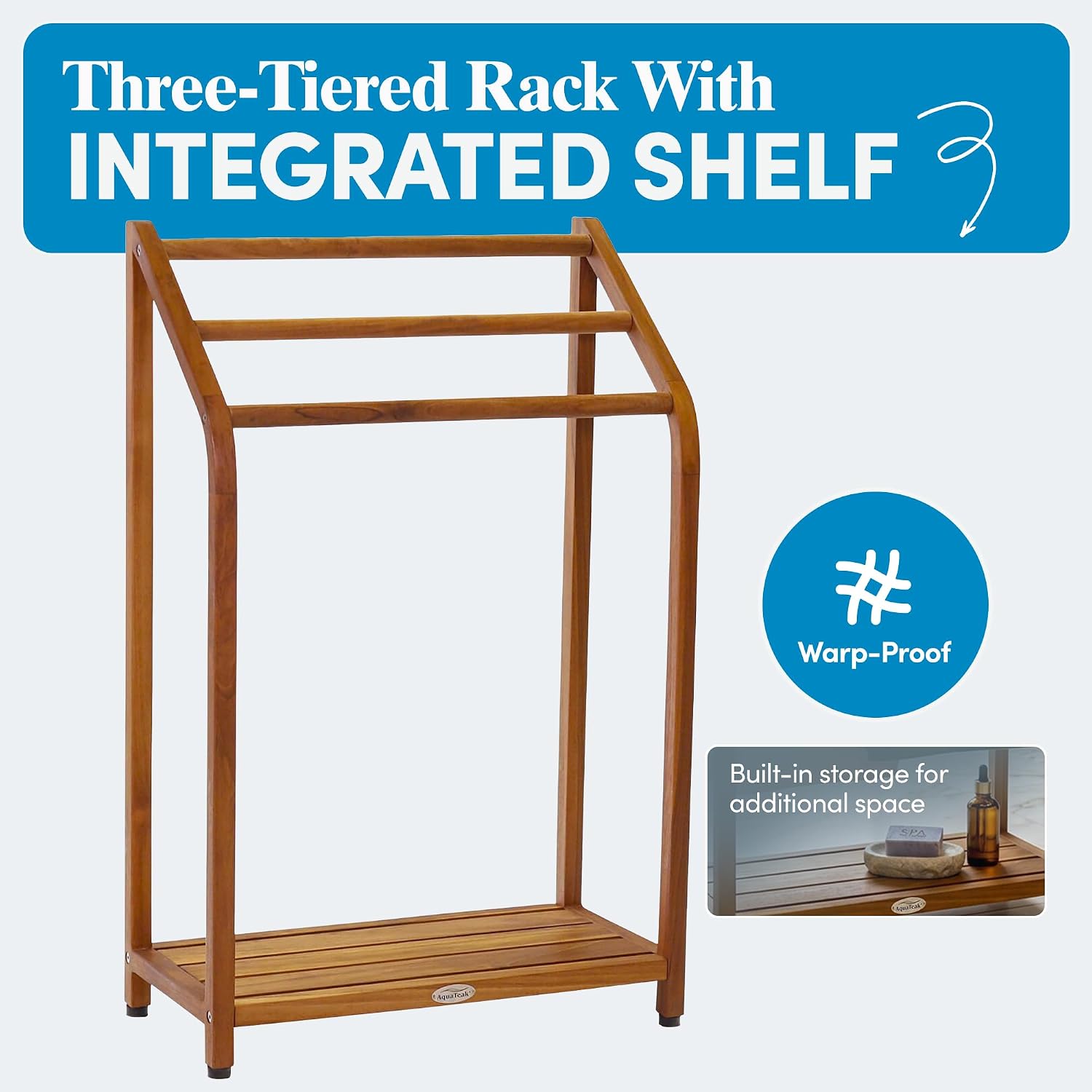 AquaTeak The Original 34" Sula Teak Free Standing Towel Rack - 3 Tier Hand Towel Holder with Storage Shelf for Bathroom - Durable Water Resistant Shower Organizer & Drying Rack, Non-Slip Rubber Feet