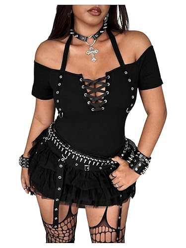 SHENHE Women's Plus Size Punk Y2K Grommet Eyelet Lace Up