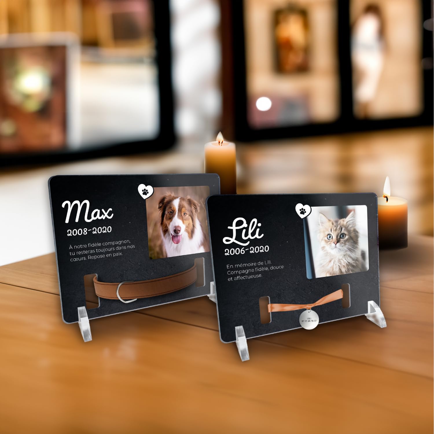 Plaque funéraire Personnalisable pour Animaux de Compagnie avec Photo et Support pour Collier ou médaille de Chien et Chat, Motif Granit, Format 20x15 cm