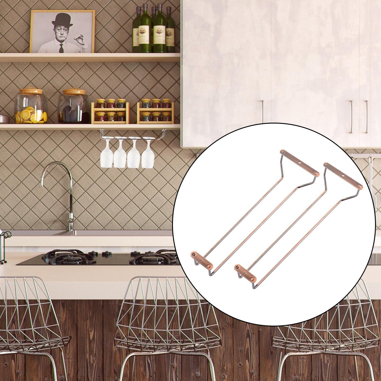 Cosmos 2 Pcs Wine Glass Holder Shelf Under Cabinet Wire Hanger Stemware Rack Wine Glasses Storage Hanger Organizer Holder for Wine Stem Glasses in Kitchen Bar Pub (Antique Copper Finish)