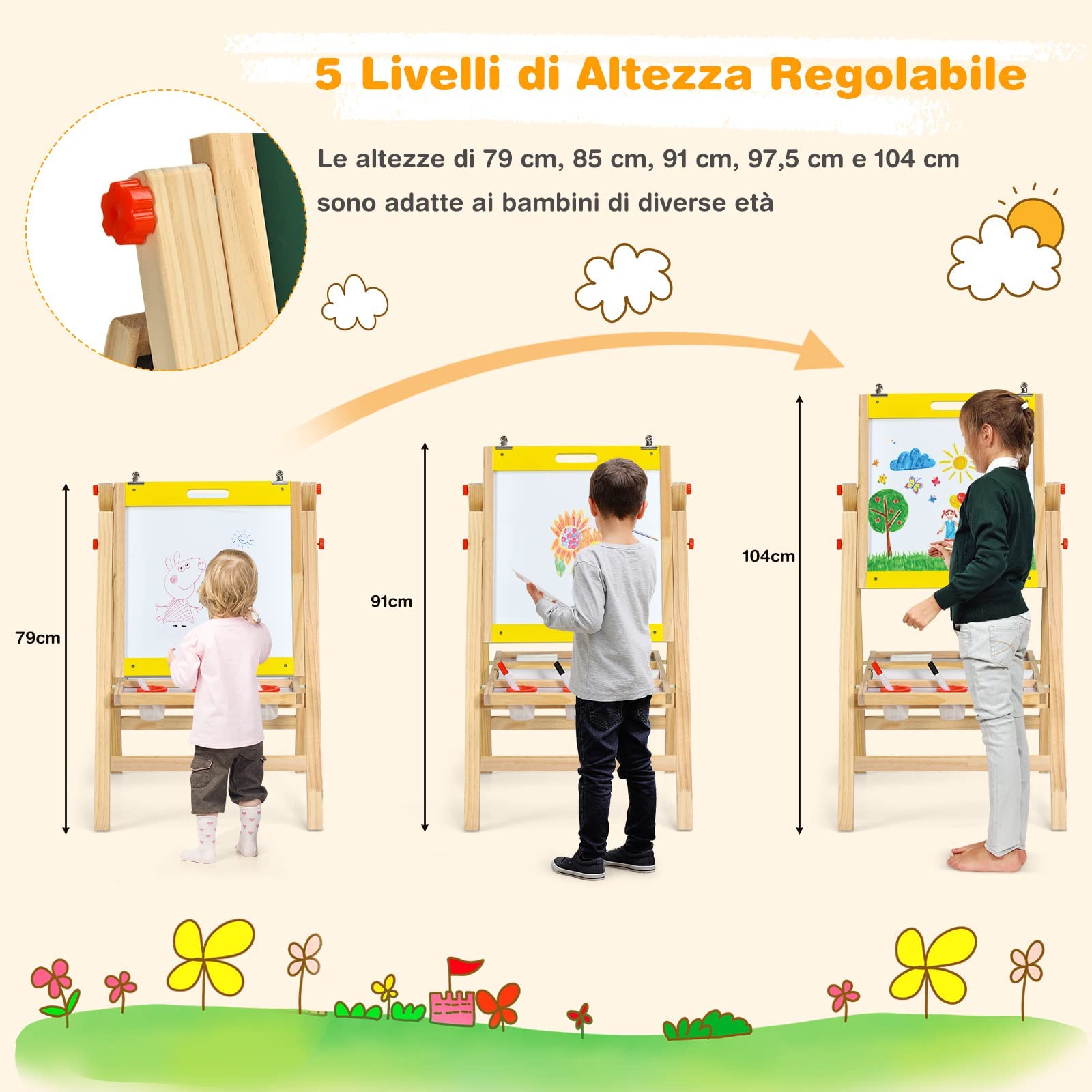 RELAX4LIFE Cavalletto Pittura per Bambini, Lavagna a Doppio Lato in Legno, Altezza Regolabile in 5 Posizioni, con Gessetto, Penne/Gomma per Lavagna e Rotolo di Carta, 50,5x53,5x79-104 cm (Giallo)