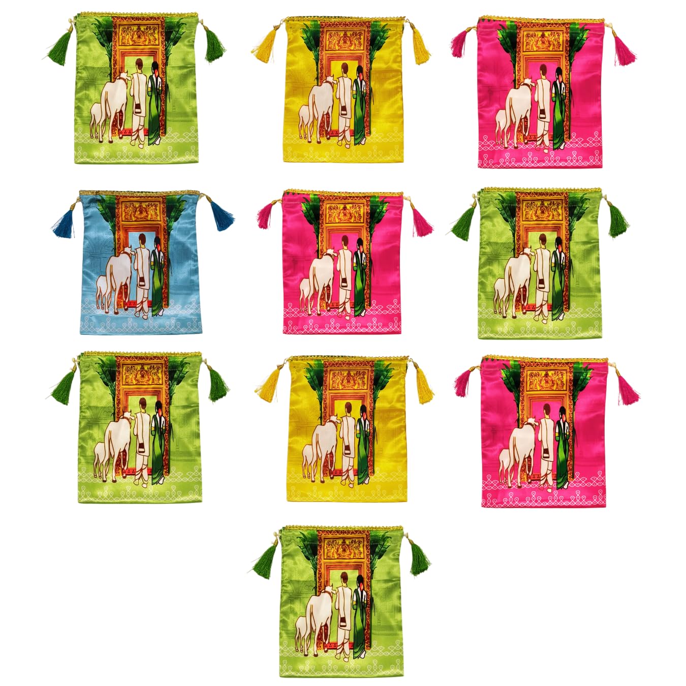 Pack of 10 - Housewarming Design Potli Bags - Women's Silk Drawstring Closure - Gruhapravesam Return Gifts Bags - Gift Pouches - for Return Gifting - Potli Bags for Thamboolam - Fabric Potli Batwa Bag (Multi-Color)-image-24