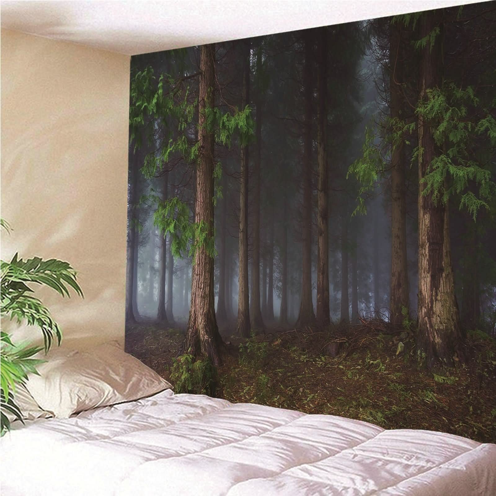 Tapiz Tela Pared, Decoración Pared Cocina Niebla del Bosque Poliéster Verde Marrón 150x130CM Regalo Mujer