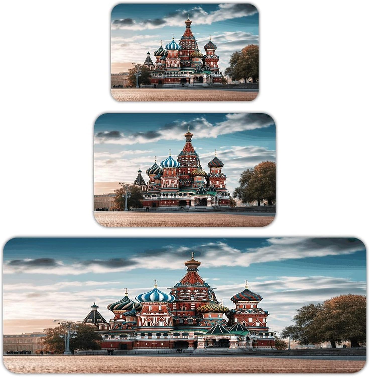 St Basil Cathedral Red Square in Moscow Kitchen Rugs Sets of 3 Non Slip Kitchen Mats for Floor Farmhouse Kitchen Sink Mat Thick Comfort Standing Mat for Laundry Room Hallway Bathroom