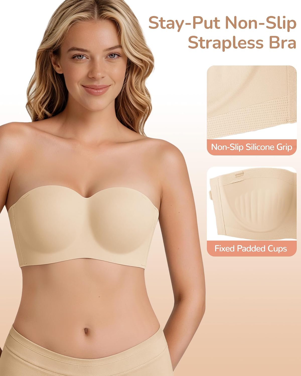 Strapless Bras for Women Jelly Supportive Bandeau Bra Non Slip Wireless Padded Push Up Seamless Tube Top Bra M-2XL