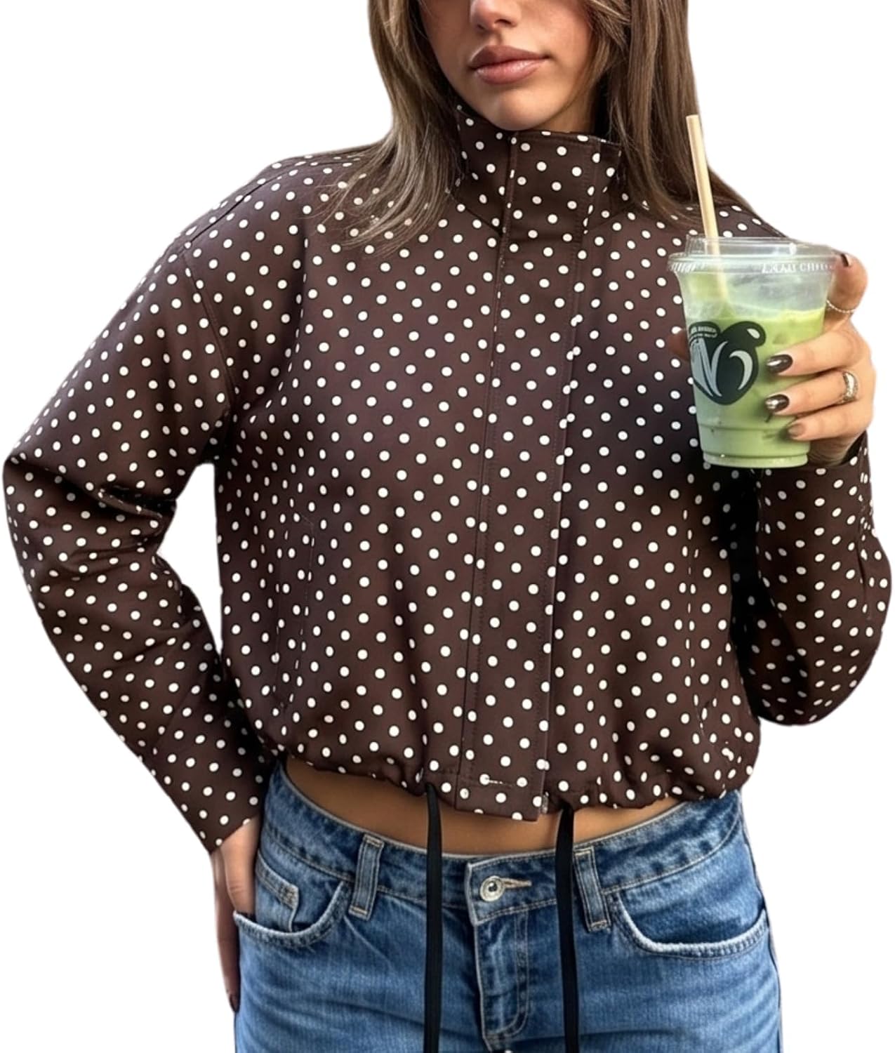 HZXVic Polka Dot Jacket Womens Cropped Zip Up Jacket With Drawstring Womens Coat With Pockets Lightweight Casual