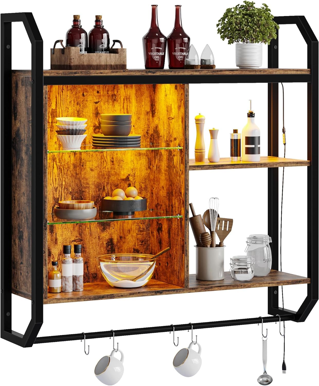 Bestier 84cm LED Wall Shelf with Adjustable Tempered Glass Shelves and 6 S Hooks Industrial Design for Living Room, Kitchen or Wine Bar Coffee