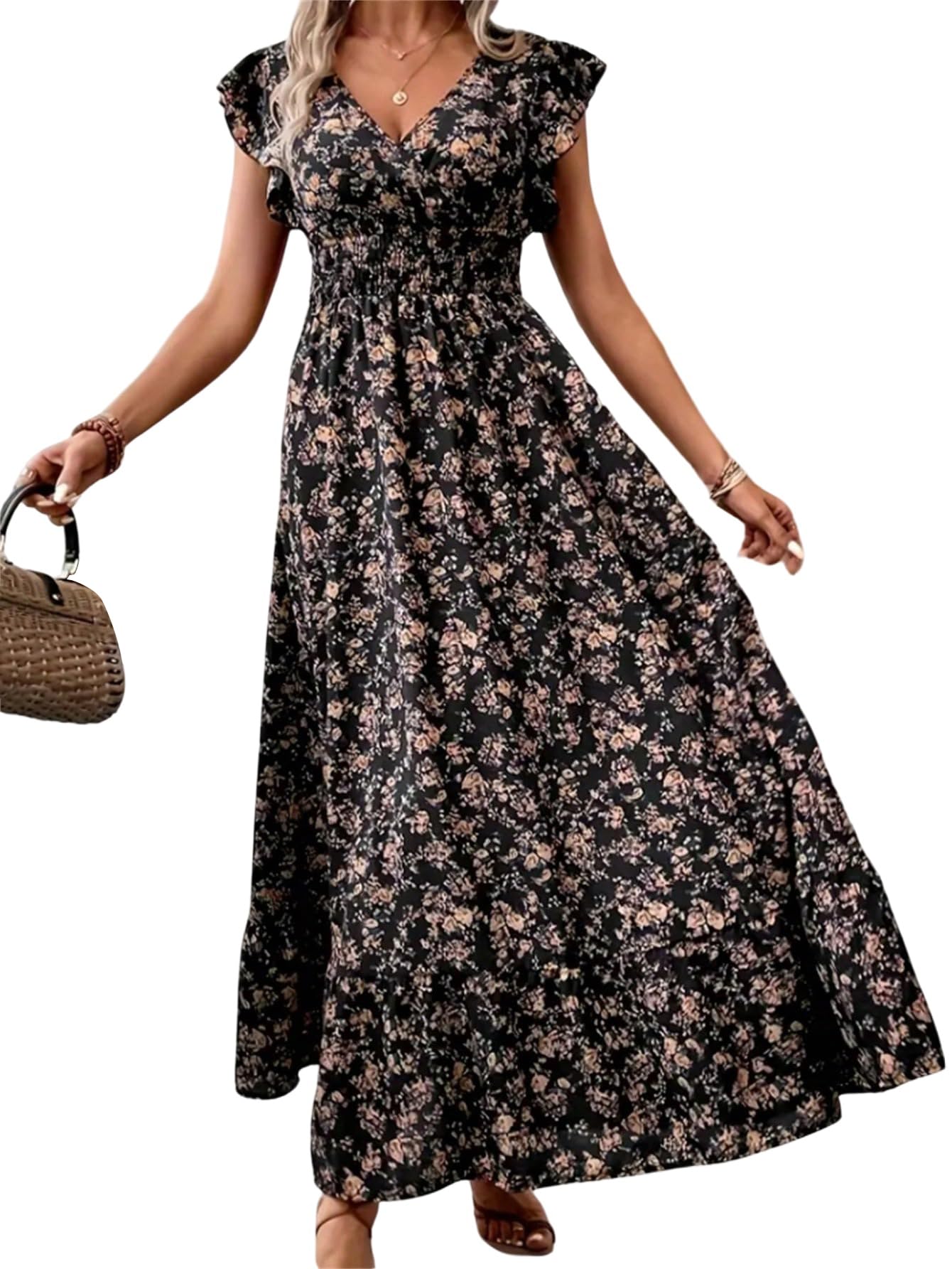 SweatyRocks Damska letnia sukienka Curvy sukienka maxi, linia A, sukienka na urlop, dekolt w serek, sukienka na czas wolny, sukienka boho z falbankami