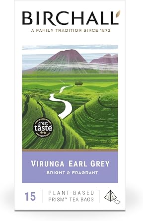 Birchall Tea Bags, Virunga Earl Grey Tea, Afternoon Black Tea Bursting with Full Flavour, 15 Plant-Based Prism Tea Bags