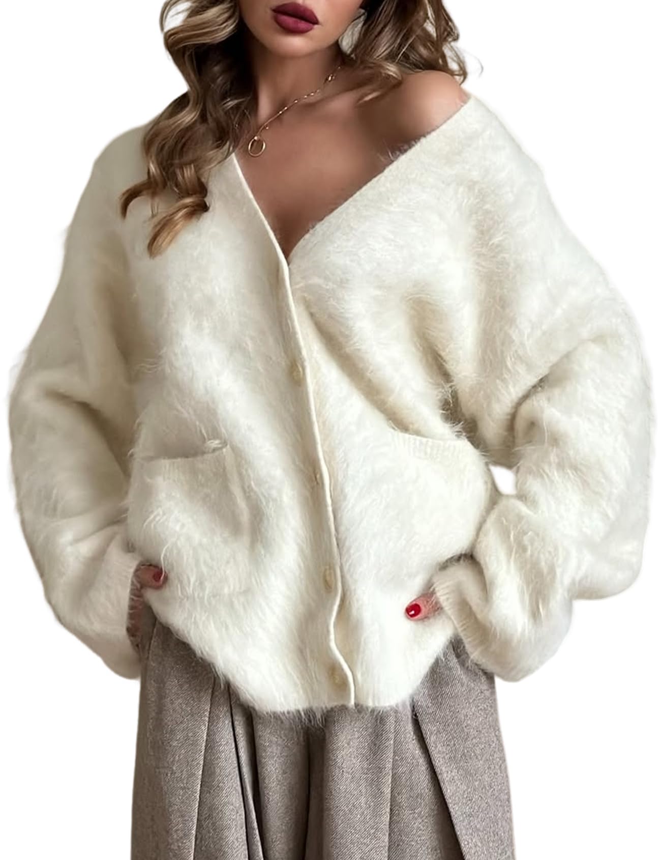 Gihuo Women s Fuzzy Cardigan Sweaters V Neck Fluffy Cardigan Long Sleeve Button Down Knit Furry Sweater with