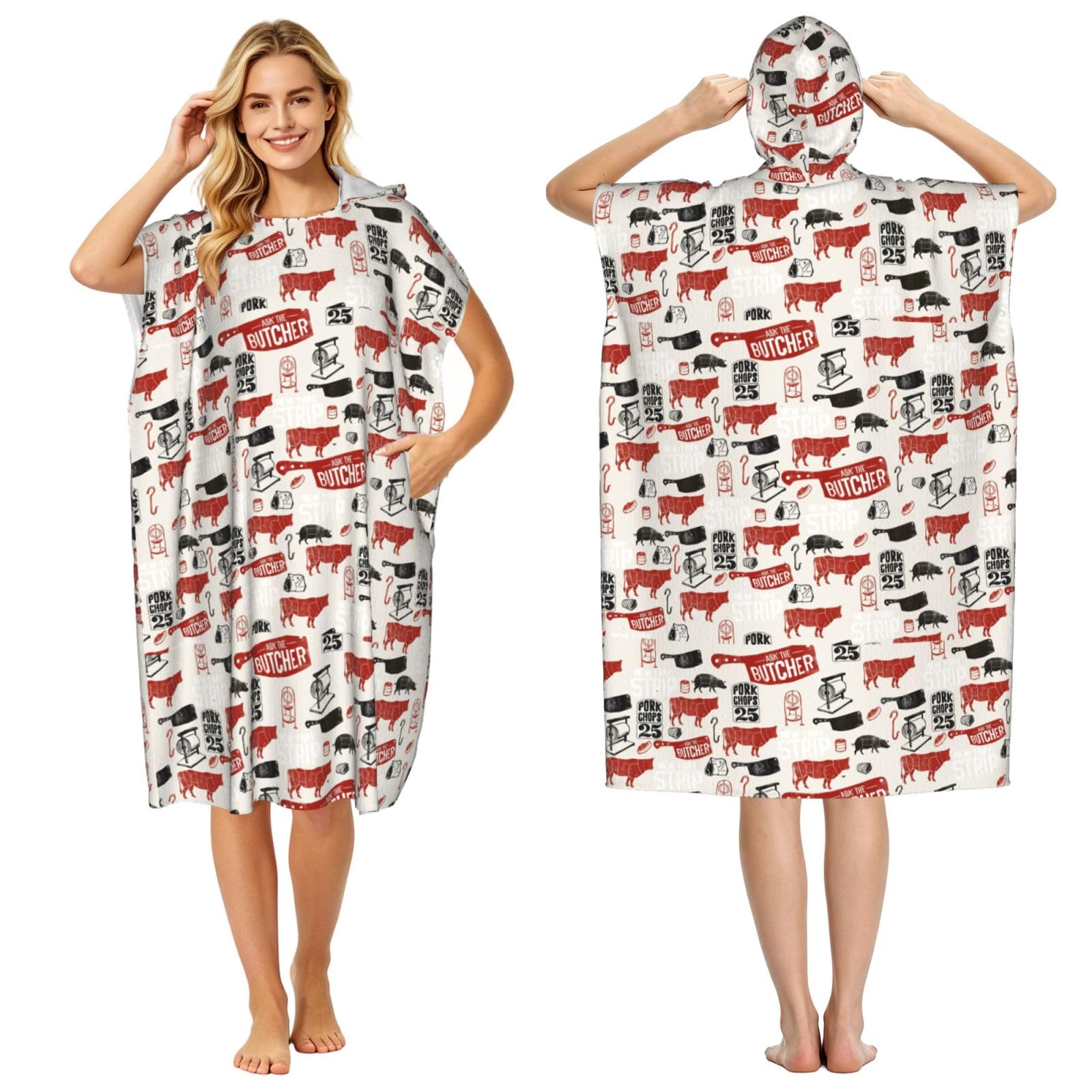 Poadnly Meat Butcher Pattern, Adult Hooded Beach Towel 90 x 110 cm,Changing Bath Robe, Surf Poncho Towel For Women Men