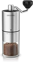 Arendo - Edelstahl Kaffeemühle manuell – Keramikmahlwerk – verstellbarer Mahlgrad 5 Stufen – Handmühle – durchsichtiger Behälter für Kaffee, Espresso, Mokka, Filterkaffee, French Press