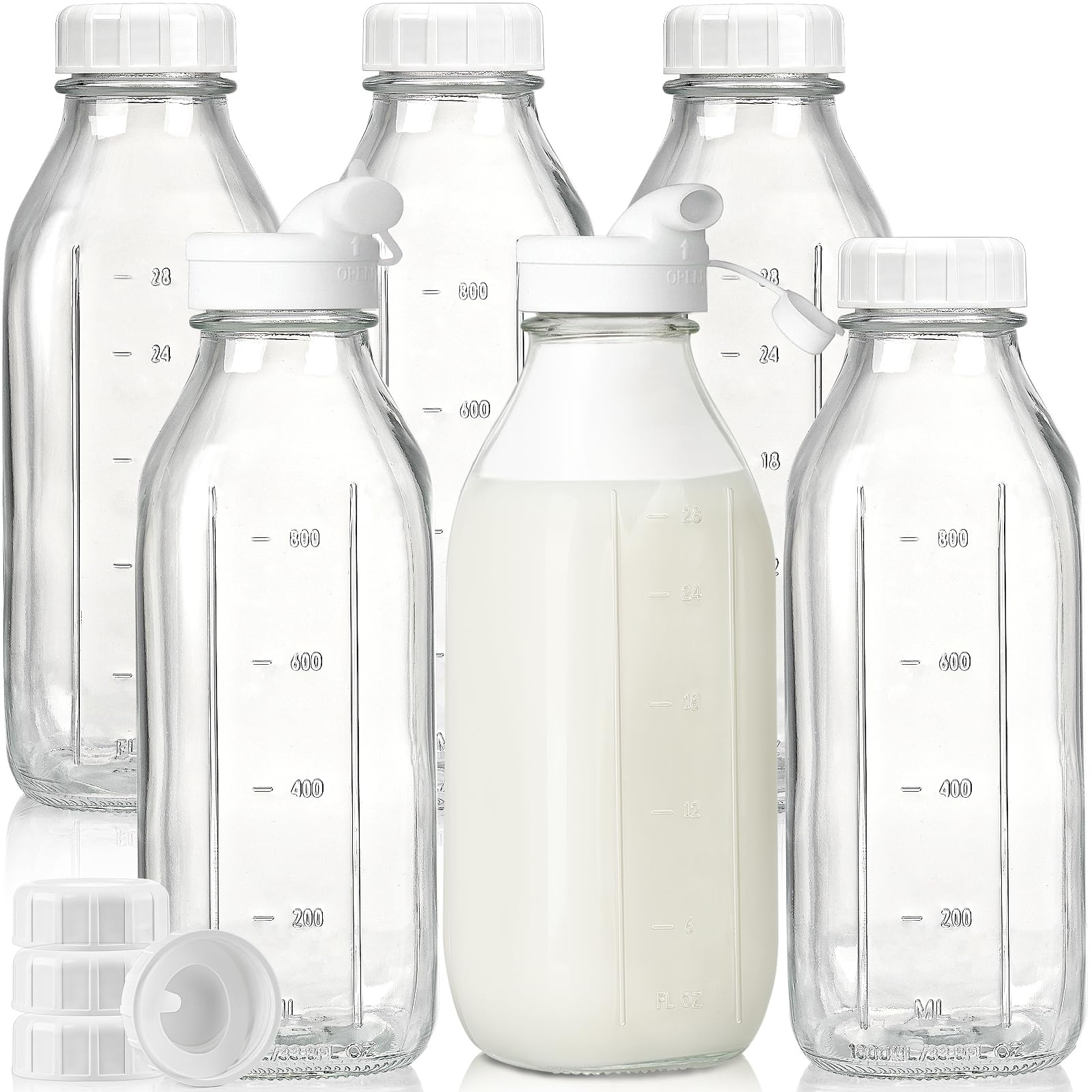 Syntic Liter Glass Milk Bottles w 100% Airtight Heavy Duty Screw Lid - 6 Pack 32 Oz Drinking Jars - Food Grade Glass Bottles for Milk, Honey, Jam - Dishwasher Safe(Extra 2 Lids and Stickers Included)