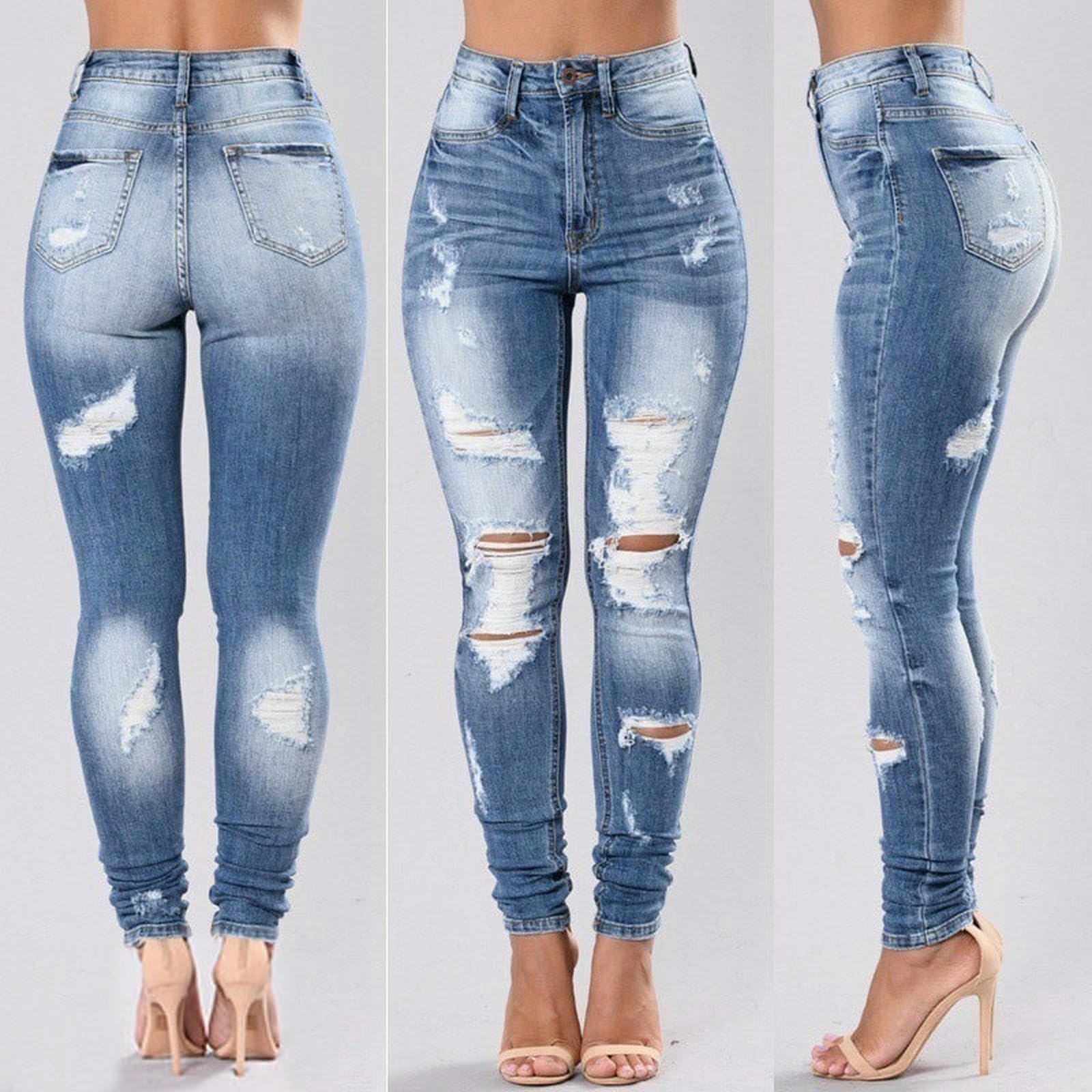 Jeans da Donna Strappati, Pantaloni Elastici alla Moda, Stretch-Fit, Slim-Fit per Donna-Blu-XXL