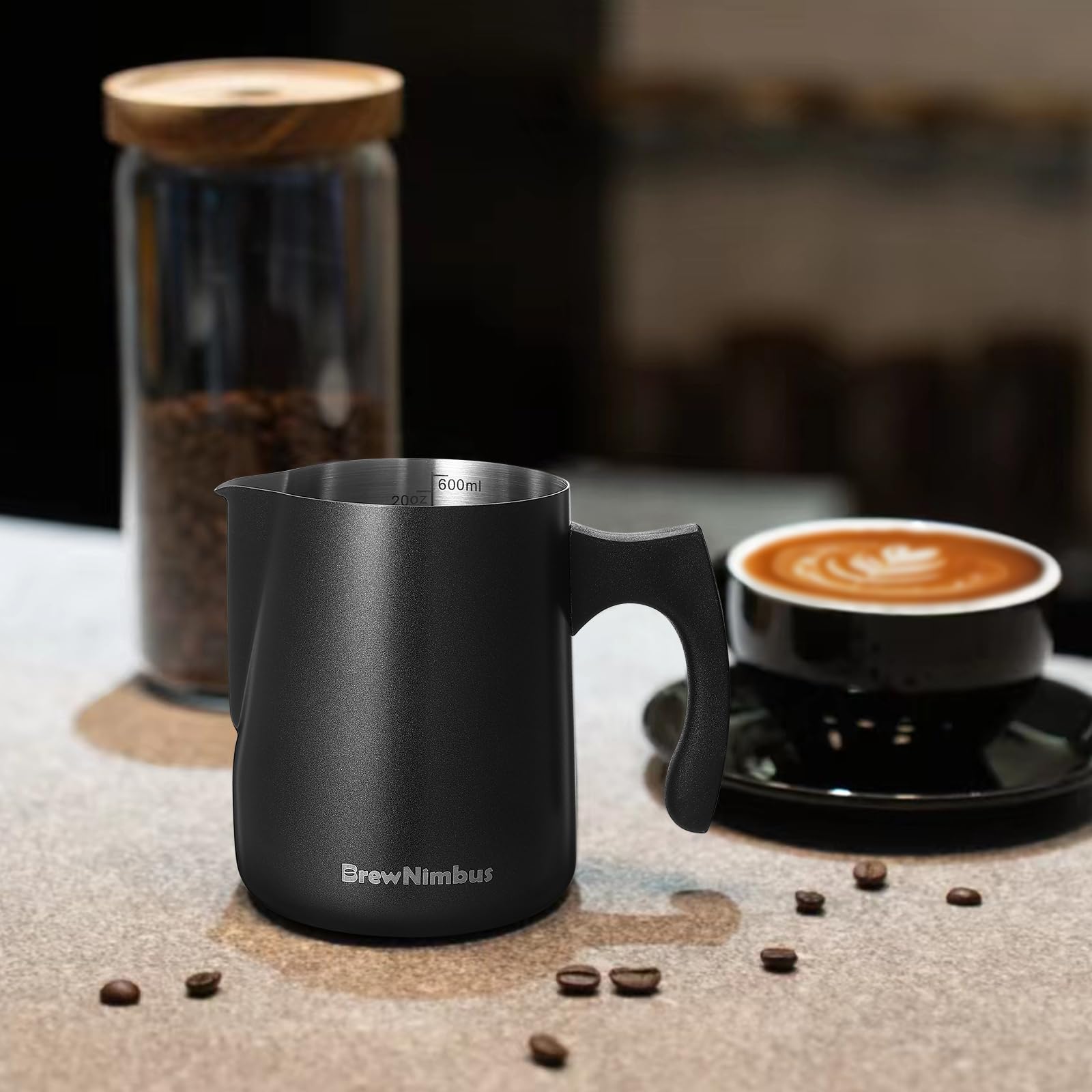 Jarra de espuma de leche, jarra de espuma de acero inoxidable de 600 ml con marcas de medición duales, taza espumadora para espresso, capuchino, arte latte
