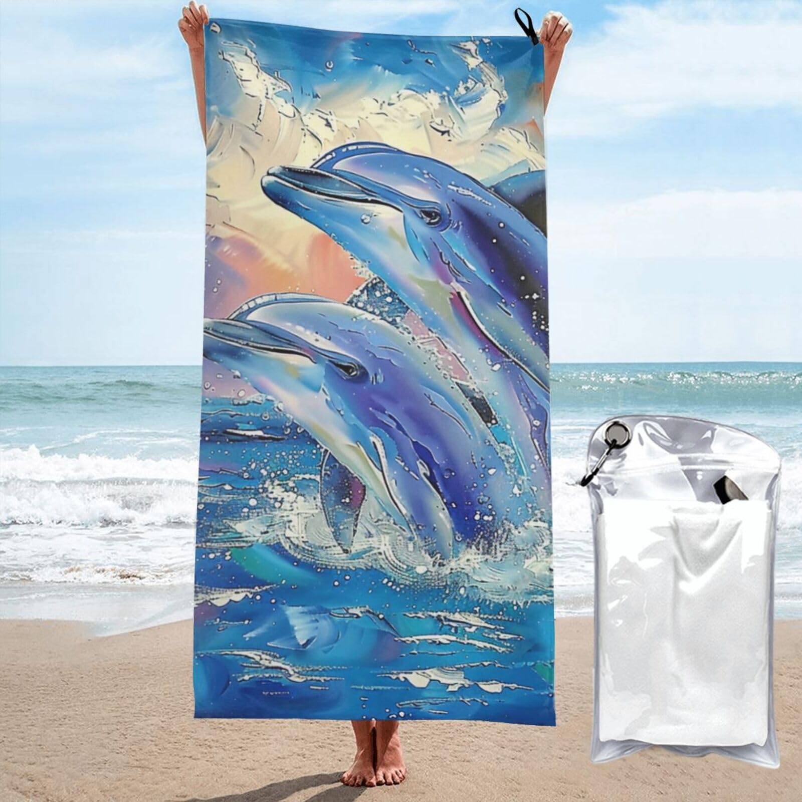 BWWHCCTI Dolphin 1 Printed Microfiber Quick Dry Beach Towel 80x160 CM, Fast Drying Bath Towels with Bags for Travel,Camping,Gym,Beach,Swimming,Yoga
