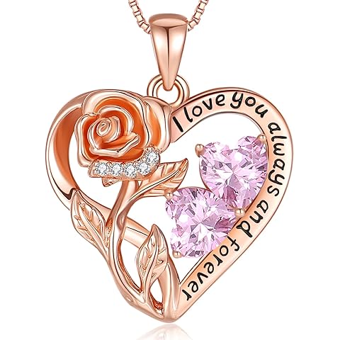 925 Sterling Silver Double Birthstone Rose Flower Heart Jewelry Necklaces for Women Anniversary Love Forever Necklaces for Her Birthday Gifts for Wife Girlfriend Mom Mothers Day Rose Gold