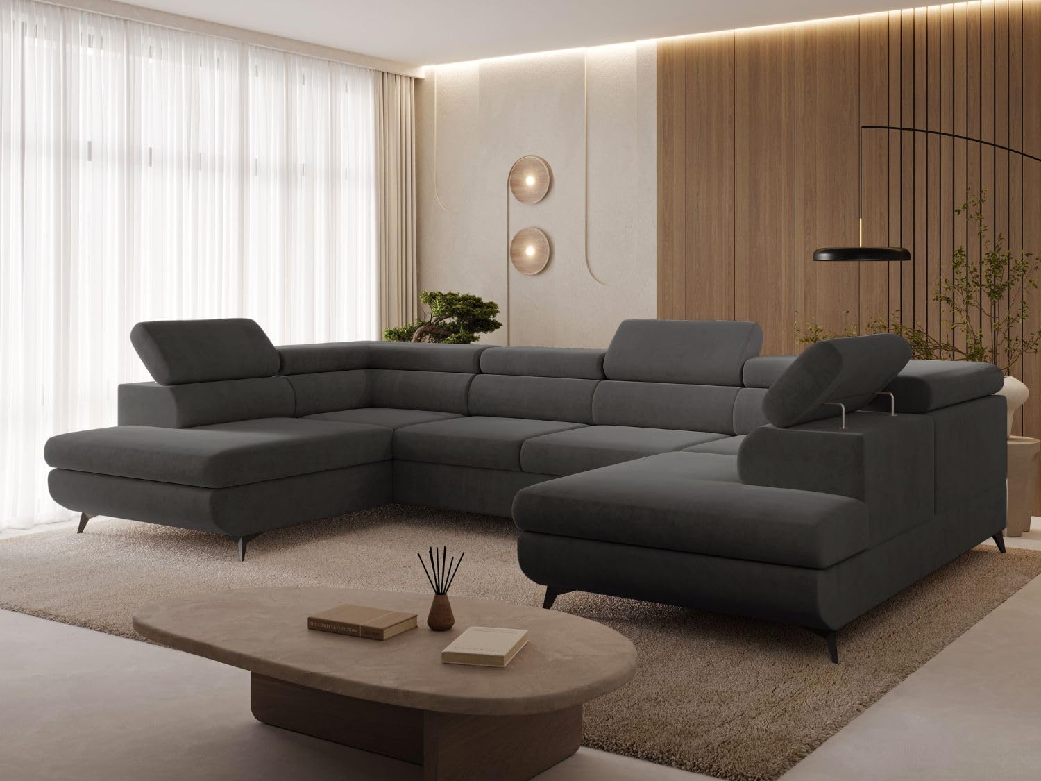 GRAINGOLD Argon U Ecksofa mit Schlaffunktion & Bettkasten 322x190 cm, U-Form Sofa mit Stauraum, Schlafcouch für Wohnzimmer, Velvet-Stoff, 5-Sitzer Wohnlandschaft, Modernes Design (Castel, Dunkelgrau)