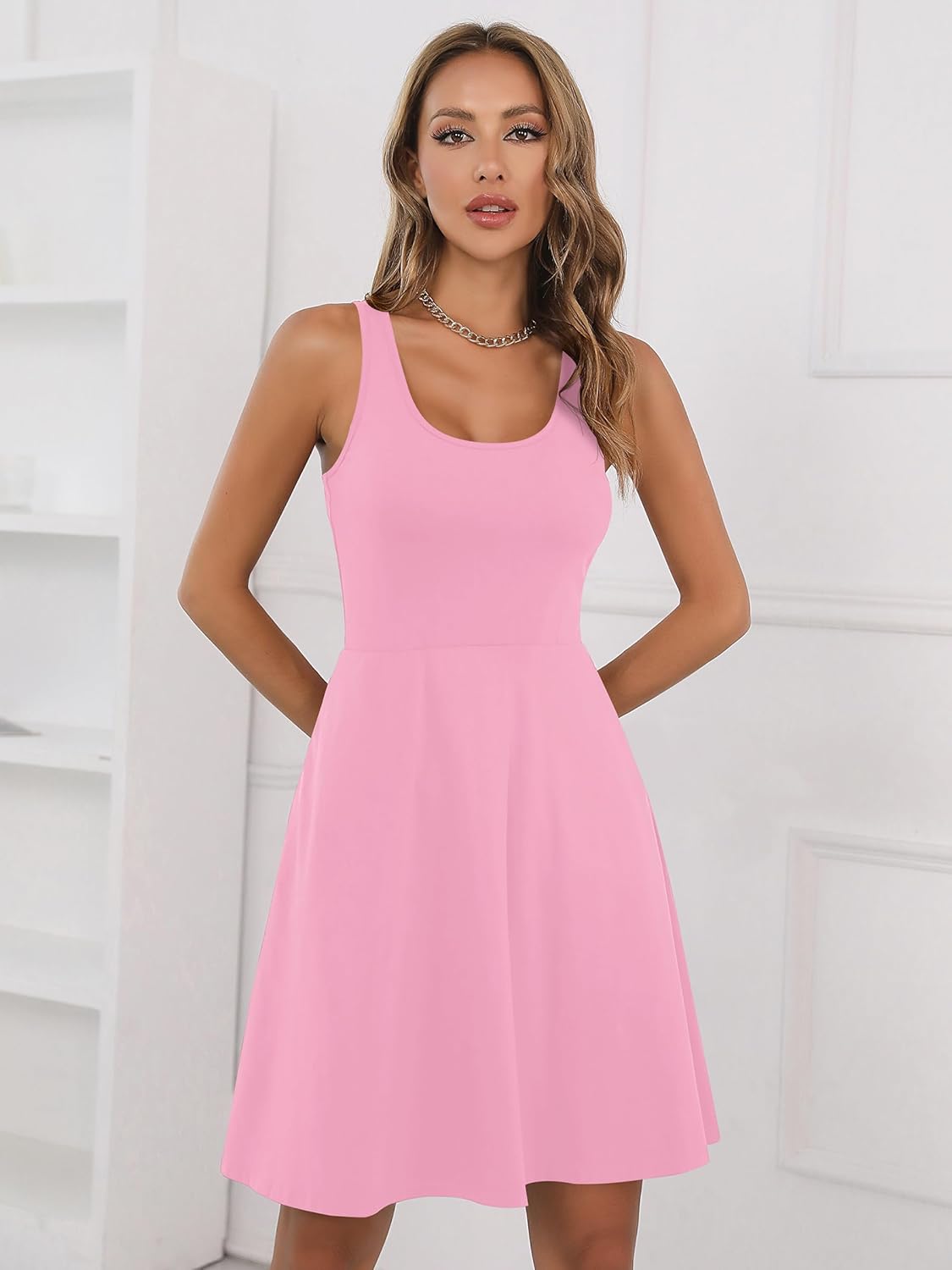 Missufe Women's Sleeveless Racerback Flared Casual Plain Tank Dress - Image 4