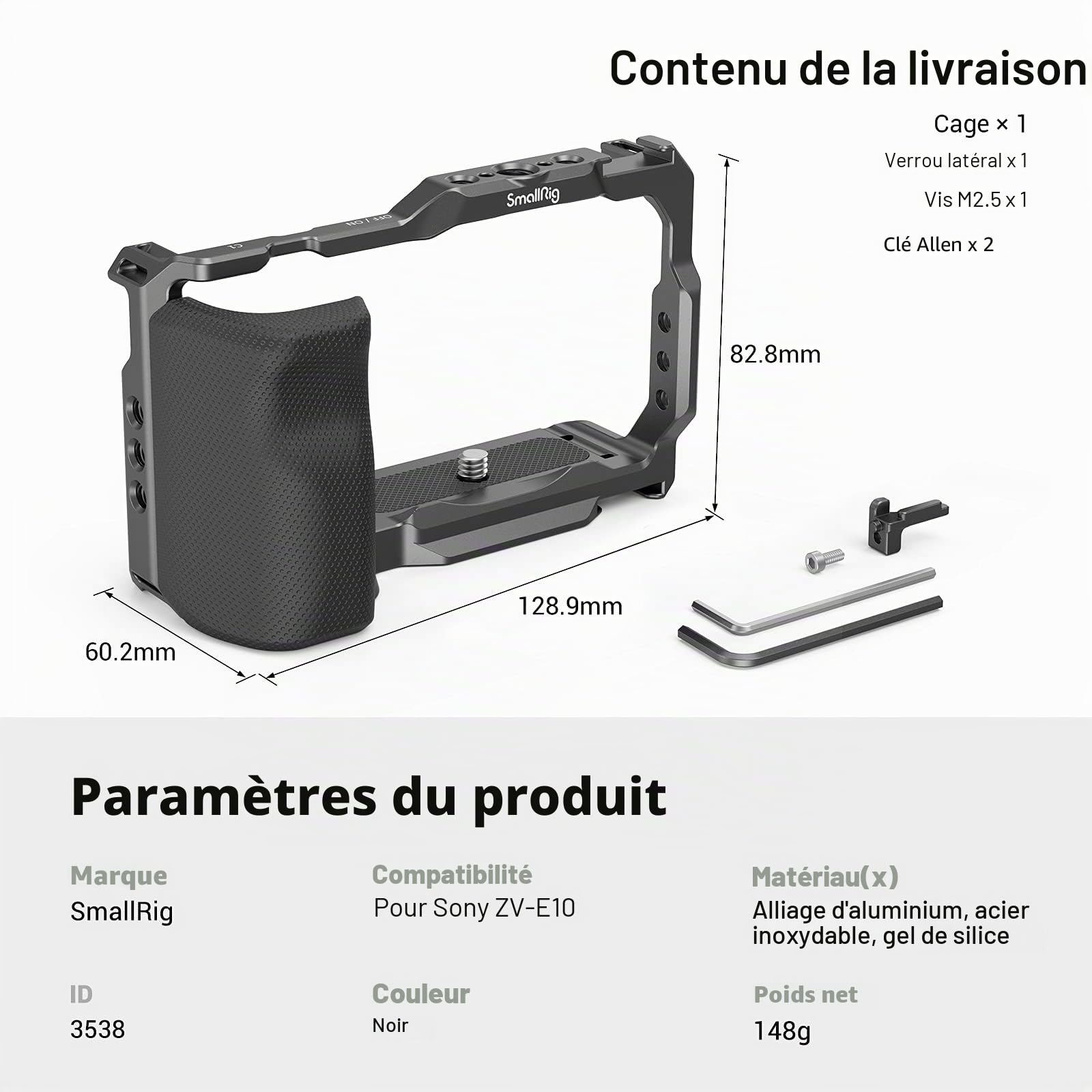 SMALLRIG ZV-E10 Cage avec Poignée et Plaque de Dégagement Rapide Intégrée pour Arca-Swiss pour Sony ZV-E10-3538B