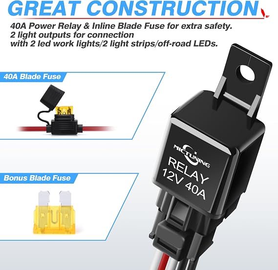 MICTUNING MIC-B1002 LED Light Bar Wiring Harness, Fuse 40A Relay On-off Waterproof Switch
