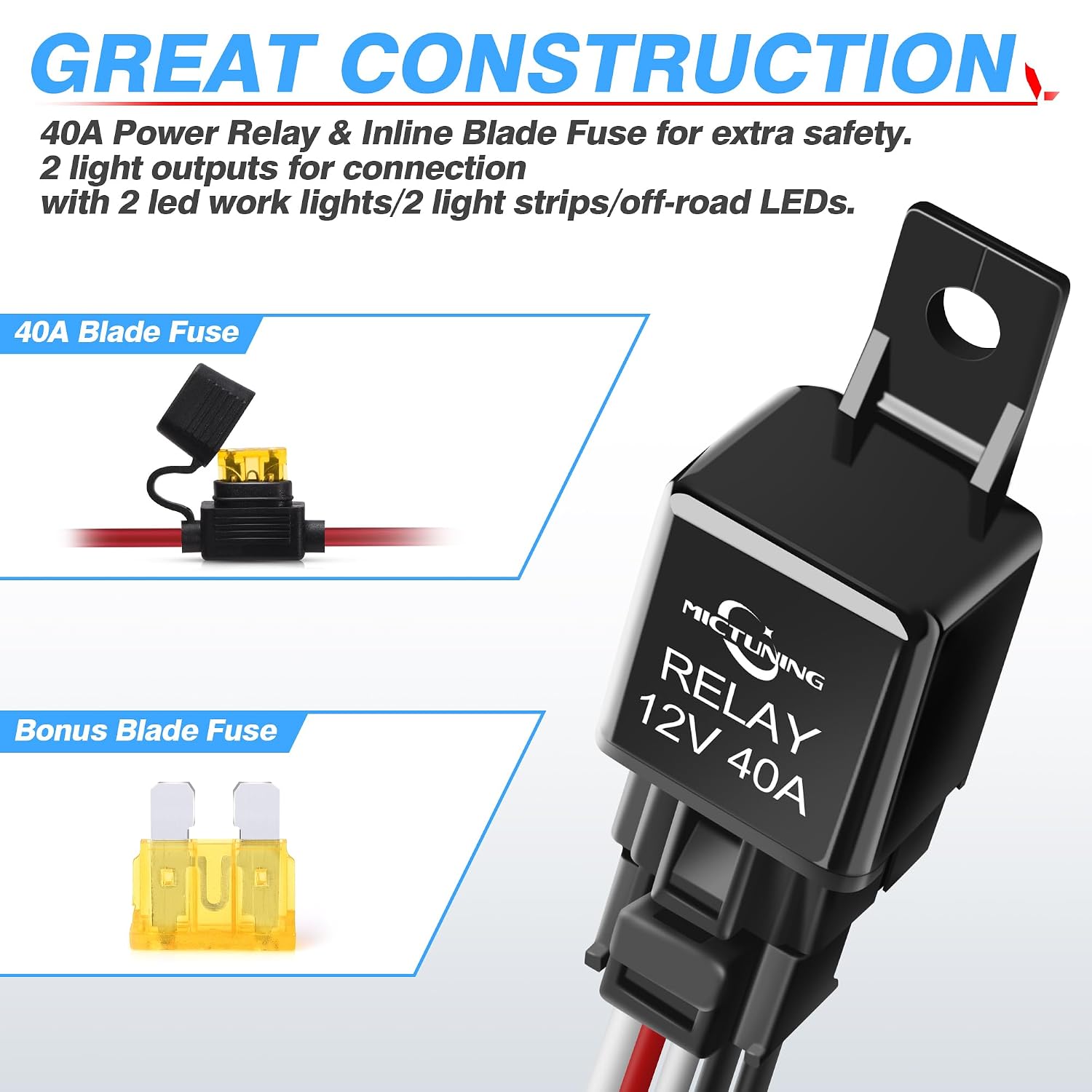 MICTUNING LED Light Bar Wiring Harness Off Road Power 40A Relay Fuse ON-Off Switch (2 Lead)
