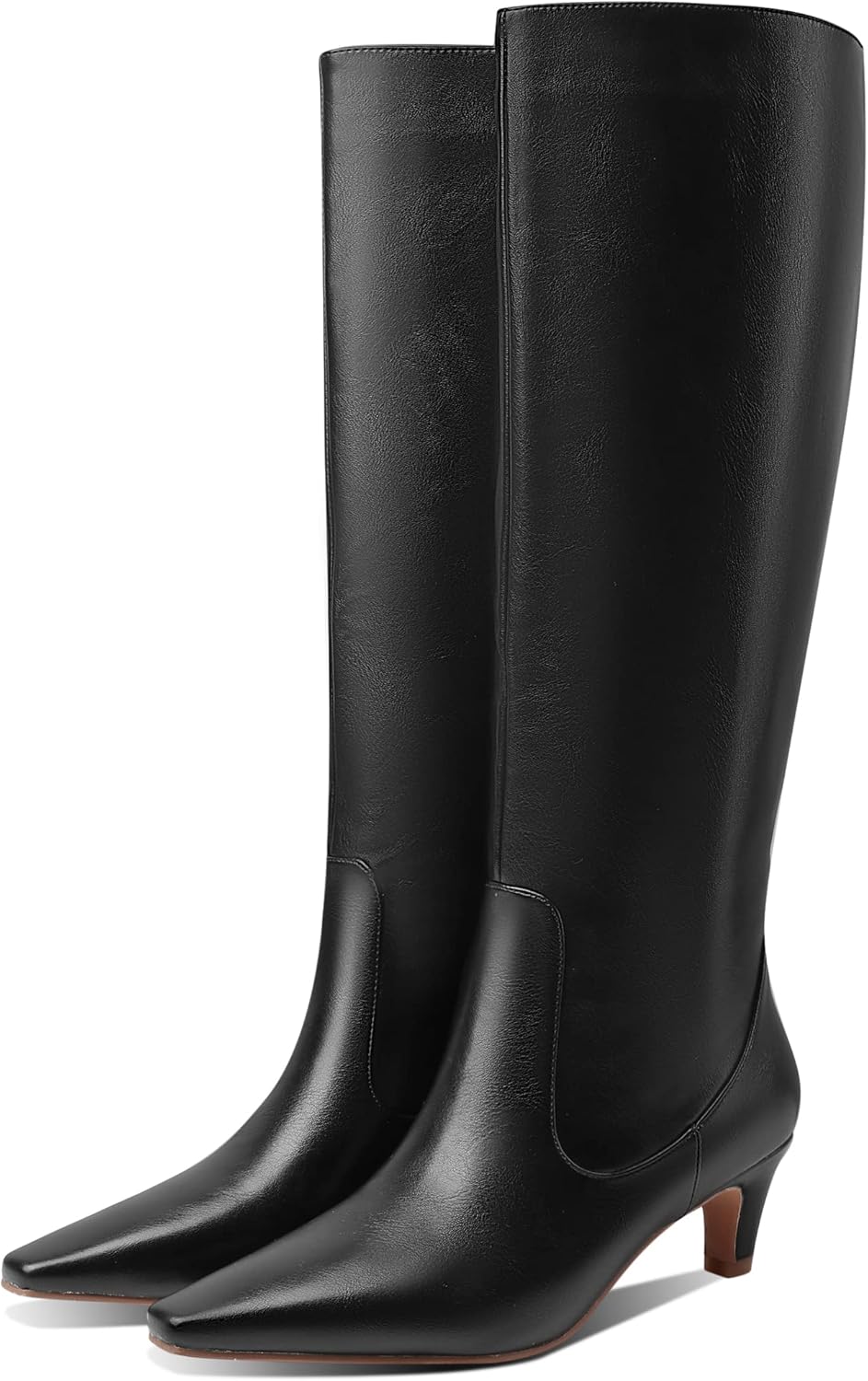 Women's Fashion Square Toe Matte Leather Solid Color Wide Calf Comfortable Slip On Low Kitten Heel Dress Knee High Boots Black Size 6 - Image 4