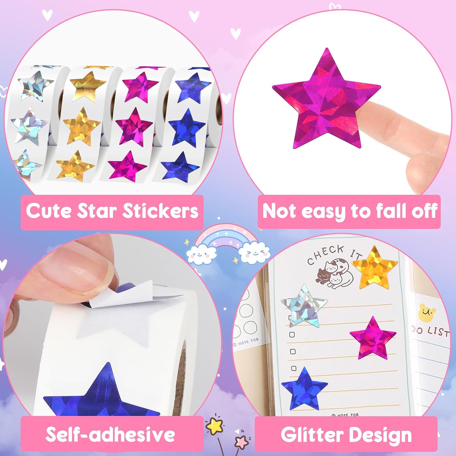 2000 PCS Holographic Star Stickers, Self Adhesive Metallic Glitter Foil Stickers Reflective Star Sticker, Ideal for Student Planners and Classroom Supplies, classroom reward stickers, Each Measures 1”