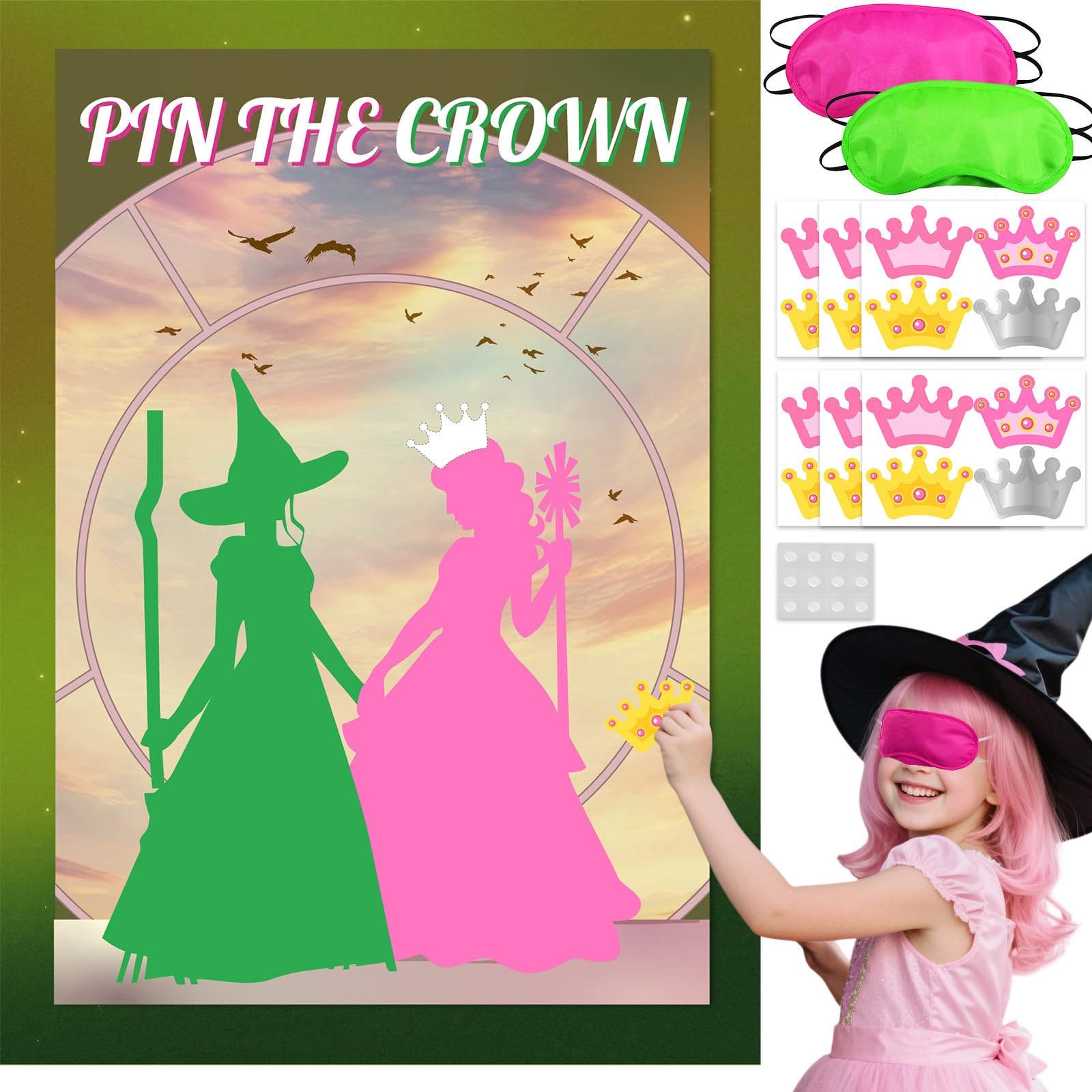 AFZMON Witch Party Decorations Pin The Crown Birthday Games Decorations, Pink and Green Poster with 24 Reusable Crown Stickers for Witch Party Wall